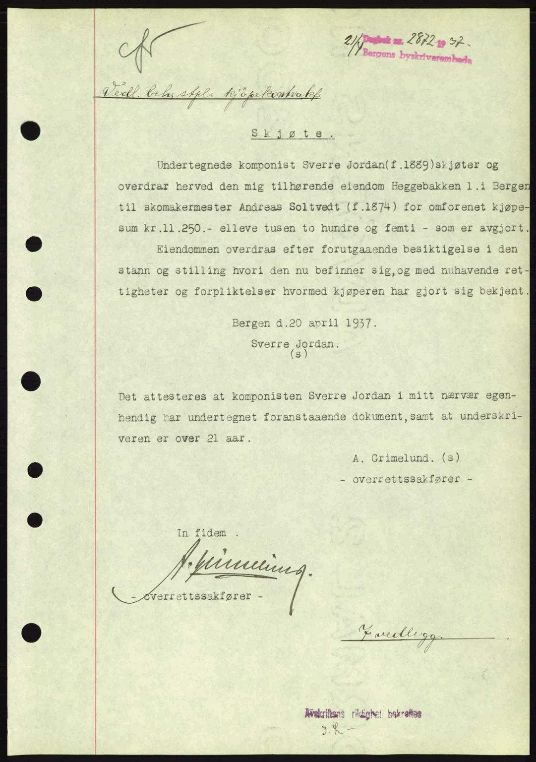 Byfogd og Byskriver i Bergen, SAB/A-3401/03/03Bc/L0004: Mortgage book no. A3-4, 1936-1937, Diary no: : 2872/1937