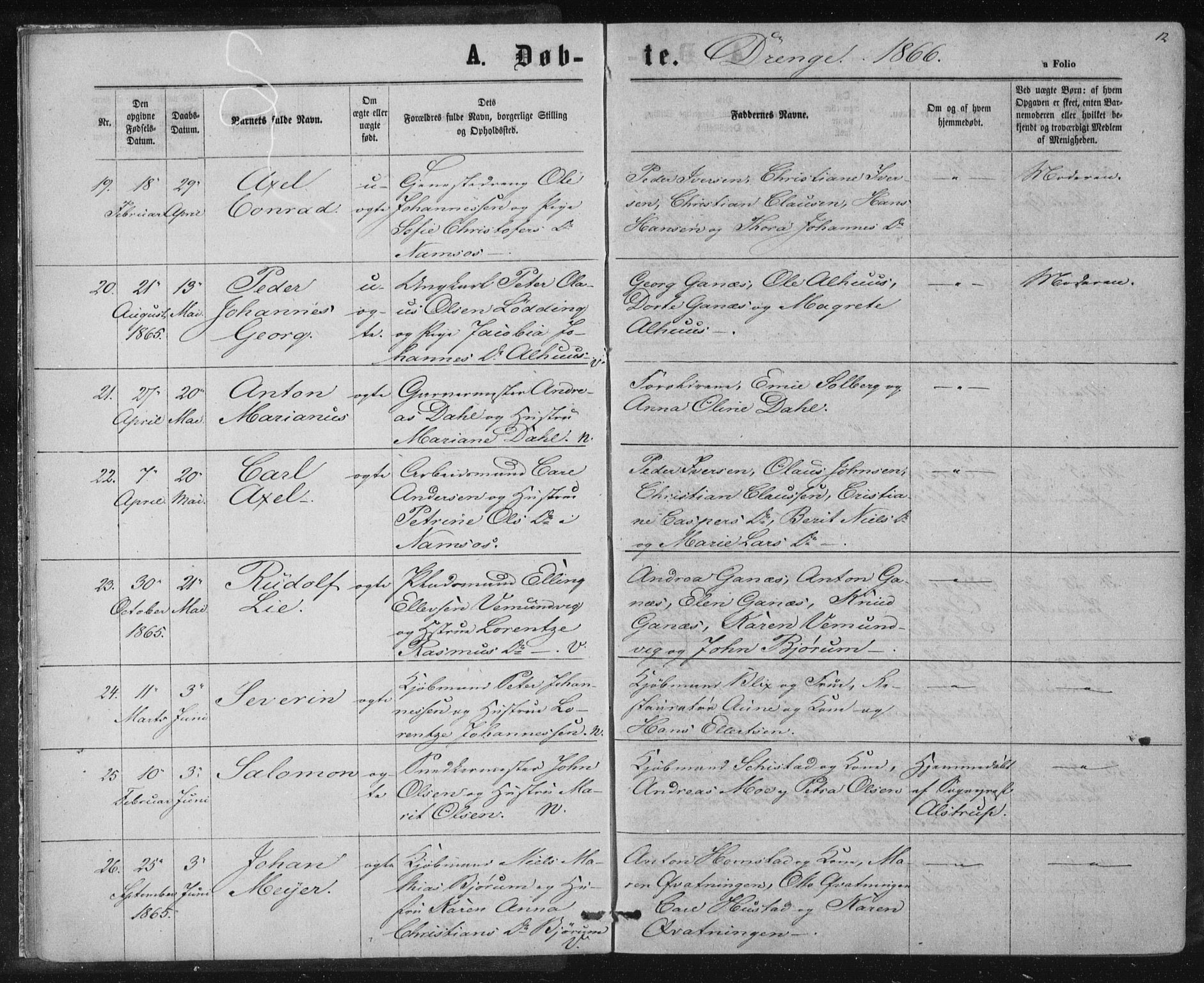 Ministerialprotokoller, klokkerbøker og fødselsregistre - Nord-Trøndelag, SAT/A-1458/768/L0570: Parish register (official) no. 768A05, 1865-1874, p. 12