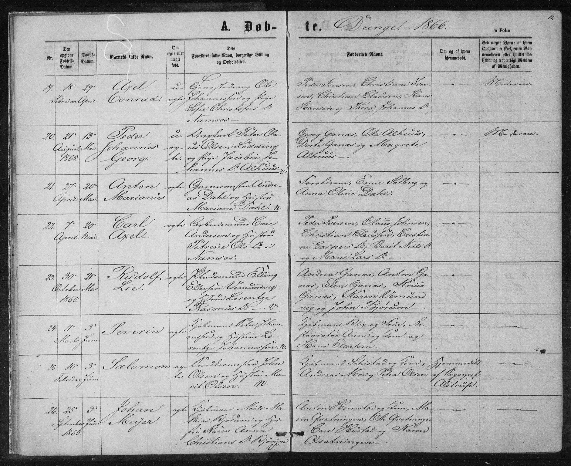 Ministerialprotokoller, klokkerbøker og fødselsregistre - Nord-Trøndelag, AV/SAT-A-1458/768/L0570: Parish register (official) no. 768A05, 1865-1874, p. 12