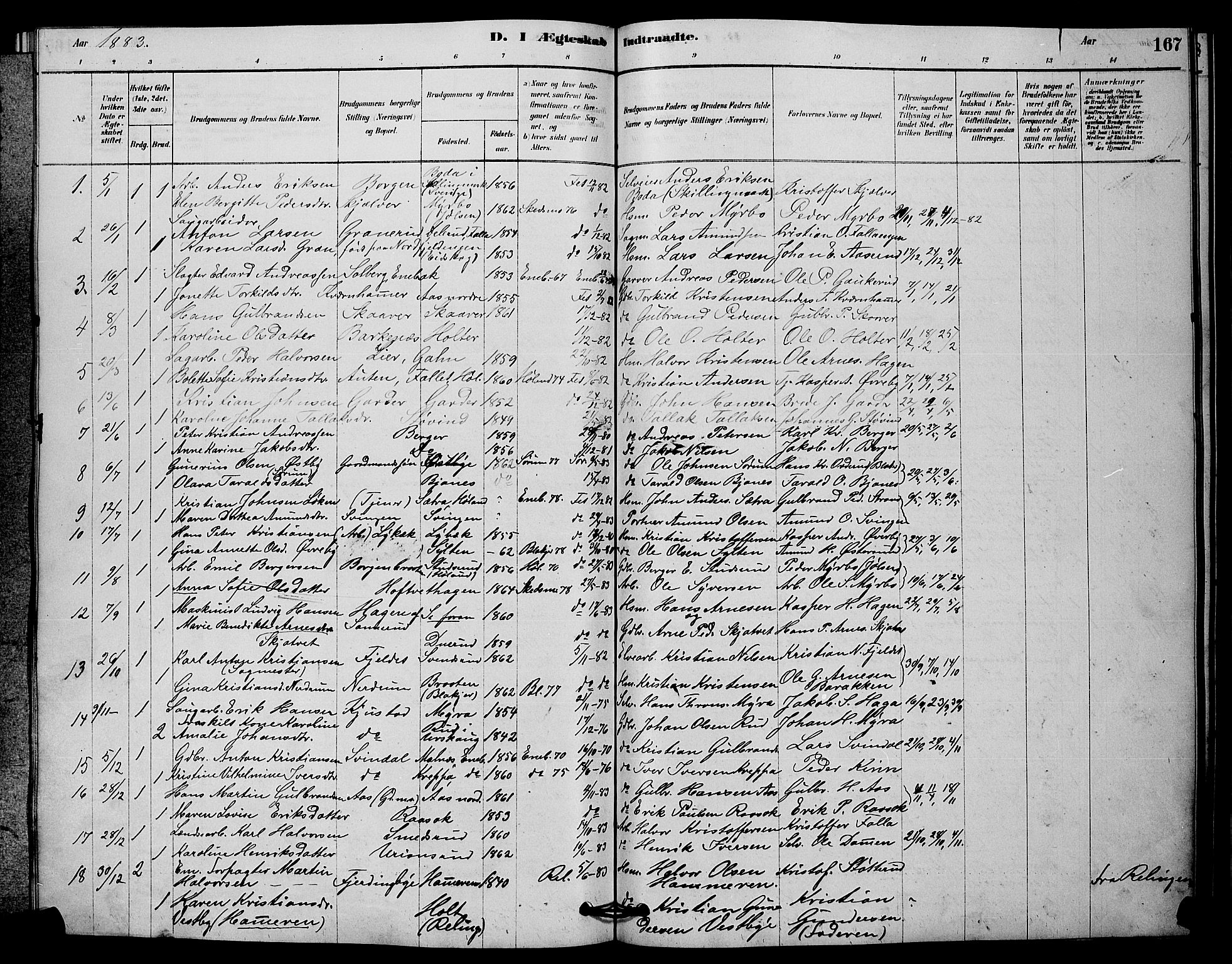 Fet prestekontor Kirkebøker, AV/SAO-A-10370a/G/Ga/L0006: Parish register (copy) no. I 6, 1878-1891, p. 167