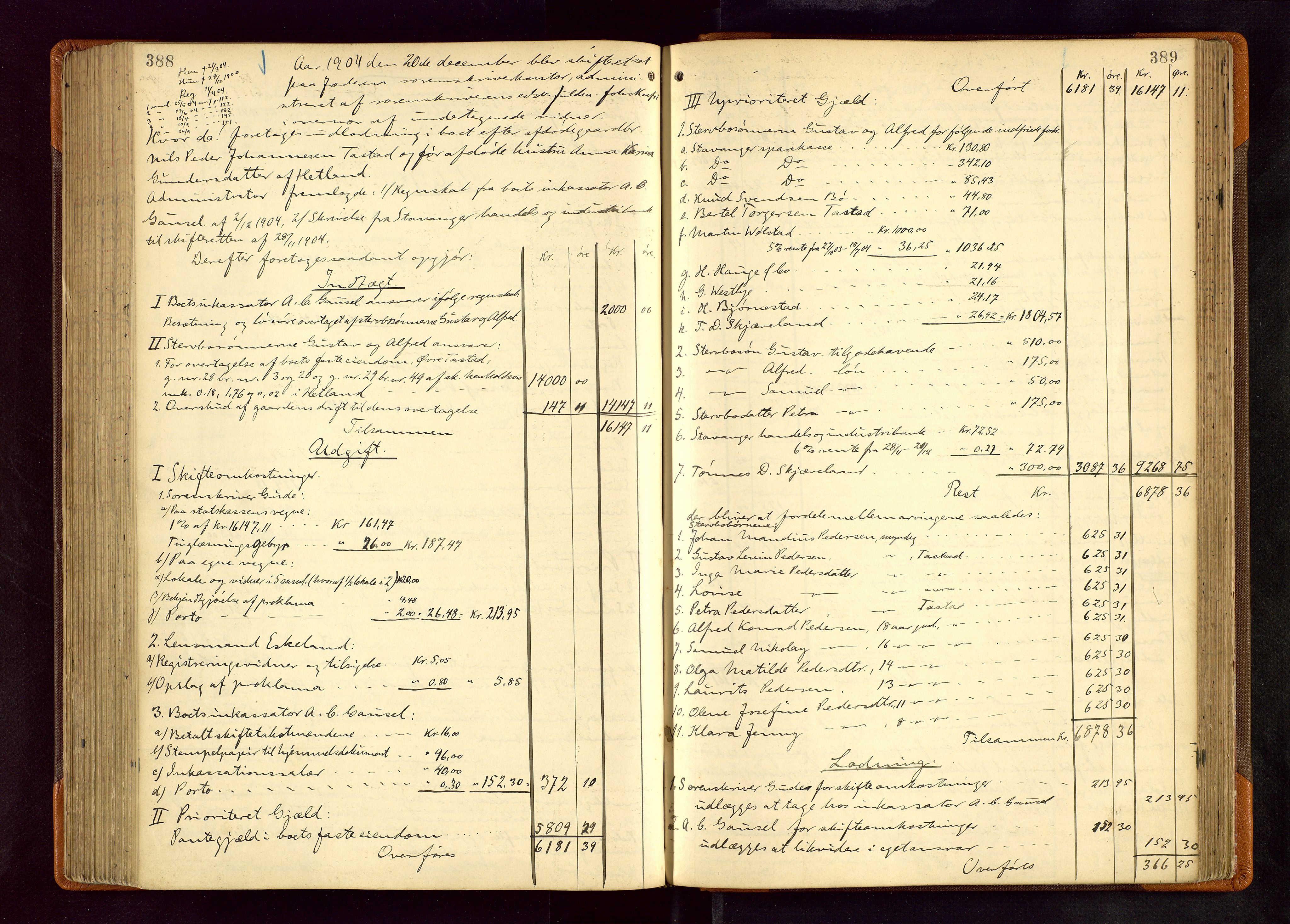 Jæren sorenskriveri, AV/SAST-A-100310/01/5/50/50BB/L0006: SKIFTEUTLODNINGSPROTOKOLL, 1900-1907, p. 388-389