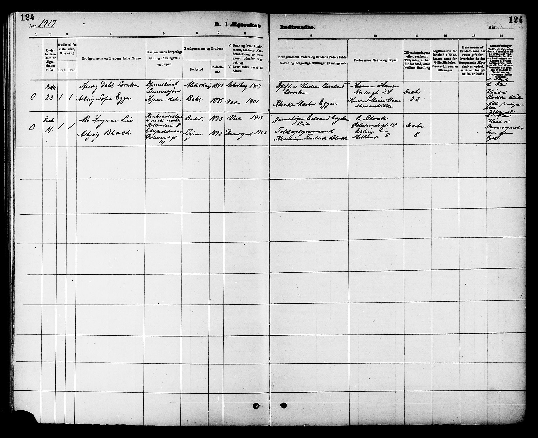 Ministerialprotokoller, klokkerbøker og fødselsregistre - Sør-Trøndelag, AV/SAT-A-1456/605/L0255: Parish register (copy) no. 605C02, 1908-1918, p. 124