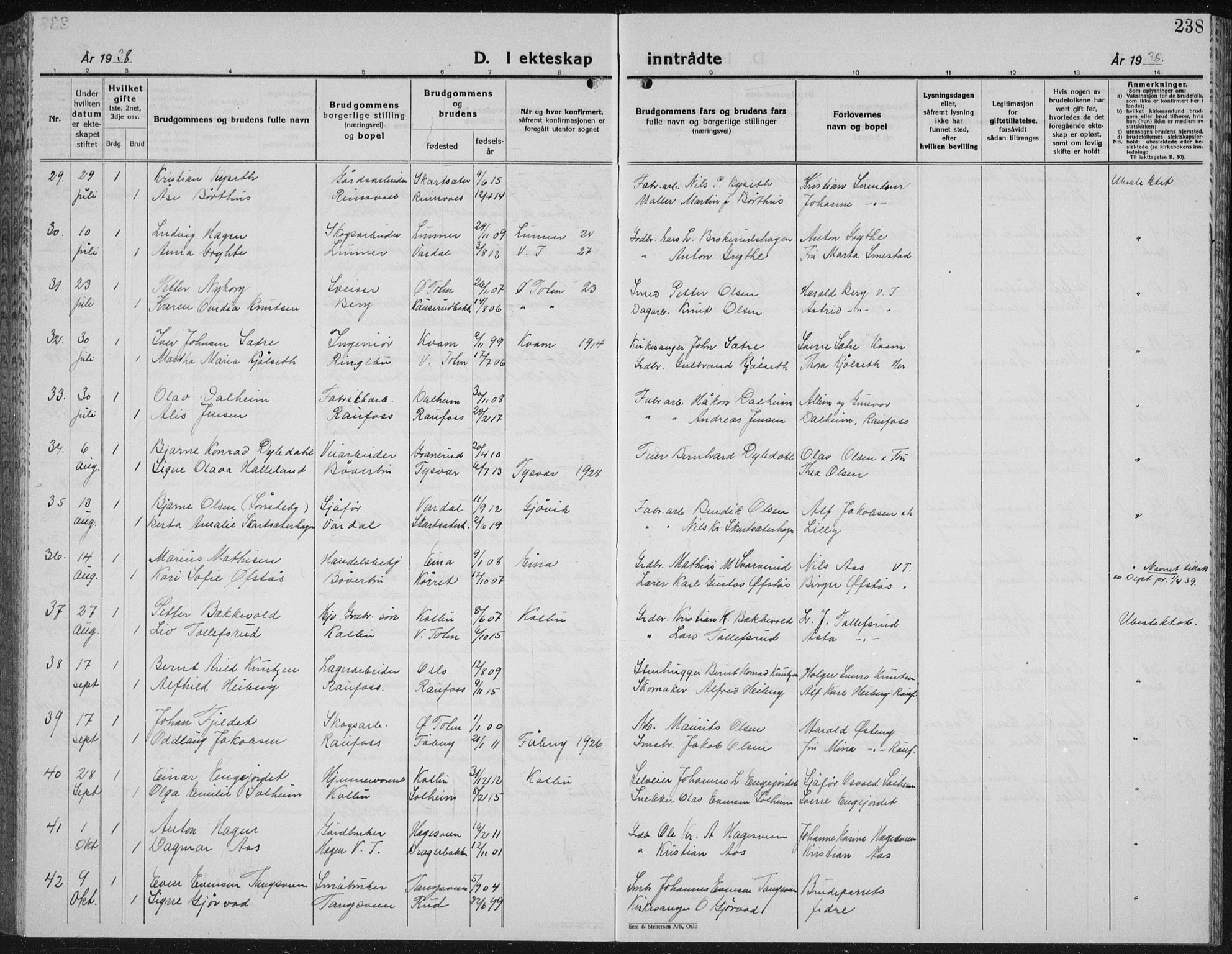 Vestre Toten prestekontor, AV/SAH-PREST-108/H/Ha/Hab/L0018: Parish register (copy) no. 18, 1928-1941, p. 238