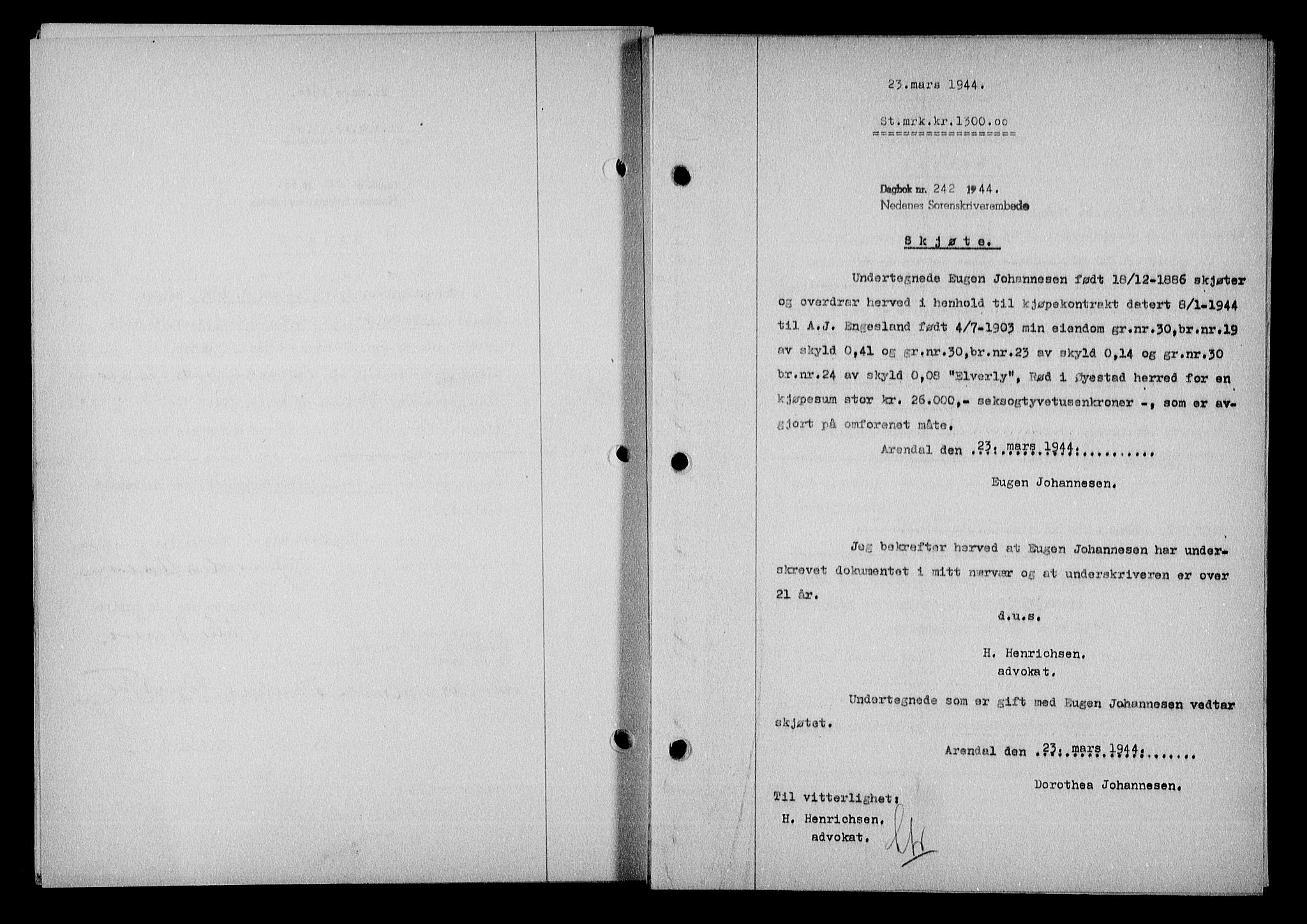 Nedenes sorenskriveri, SAK/1221-0006/G/Gb/Gba/L0051: Mortgage book no. A-V, 1943-1944, Diary no: : 242/1944