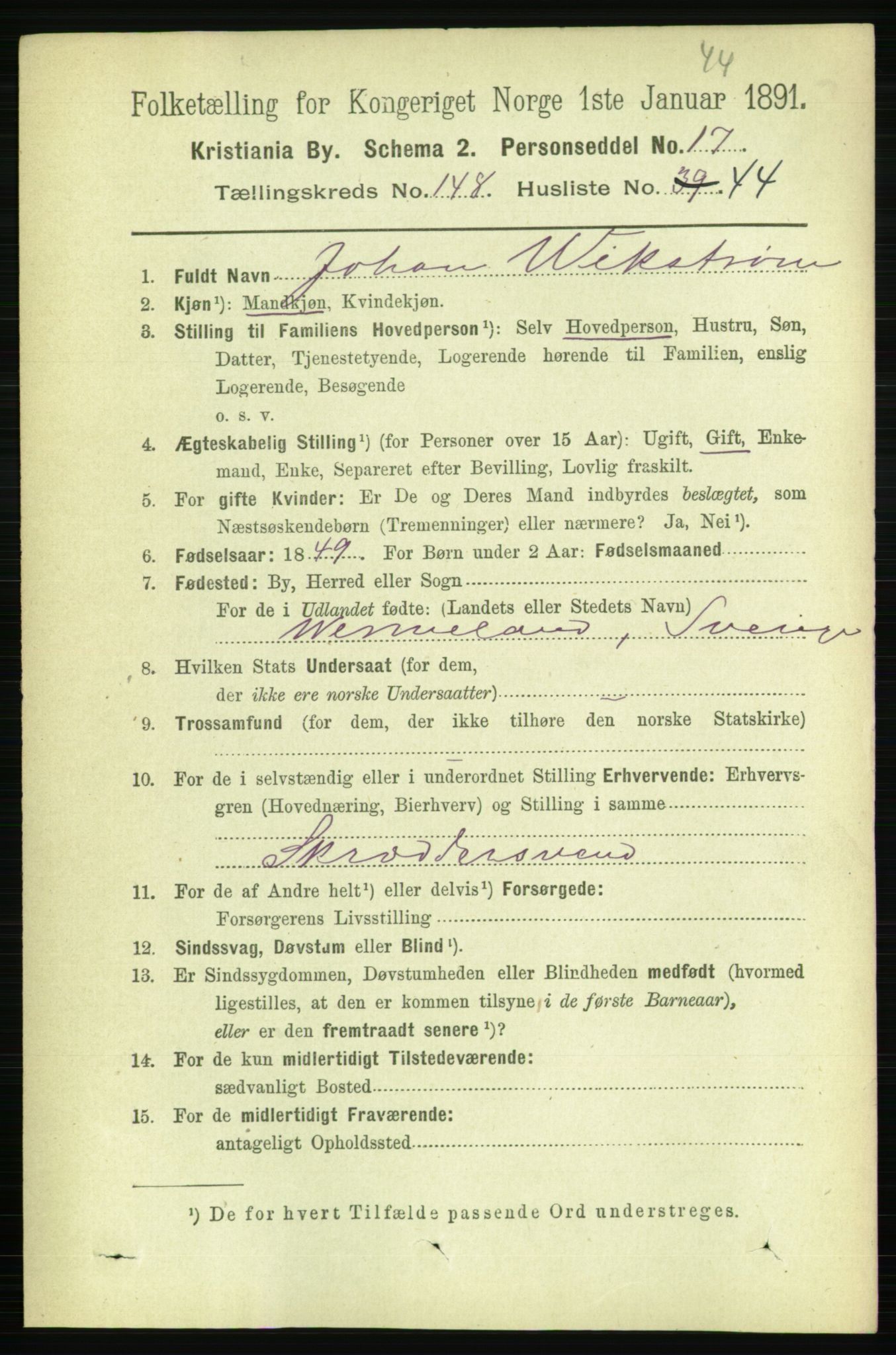 RA, 1891 census for 0301 Kristiania, 1891, p. 83052