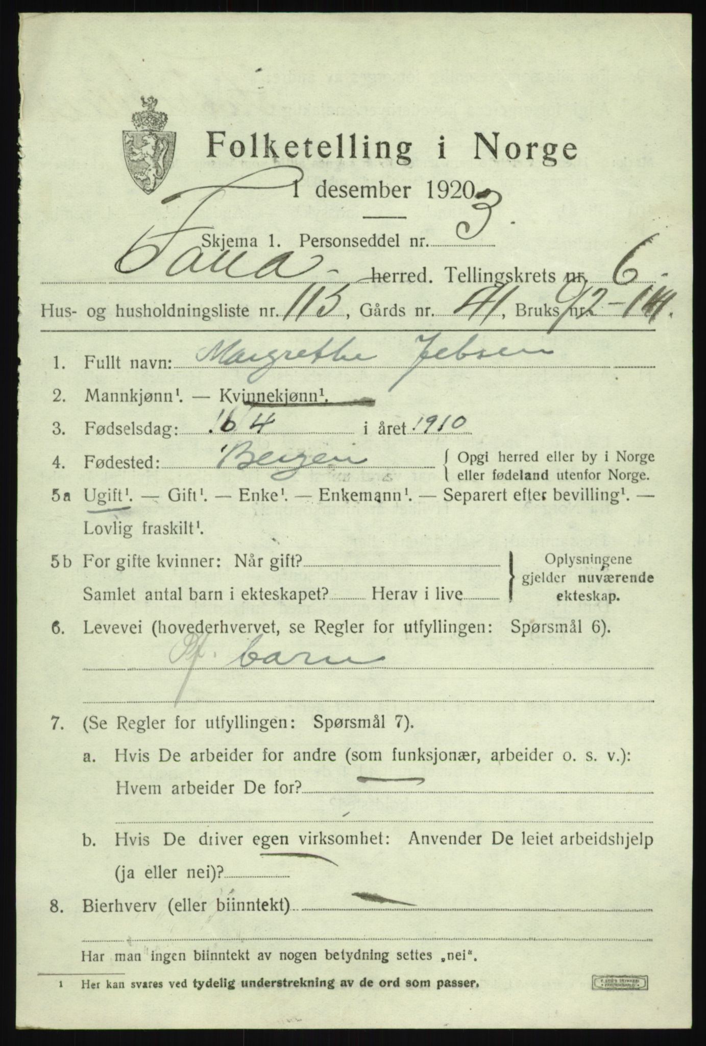 SAB, 1920 census for Fana, 1920, p. 12229