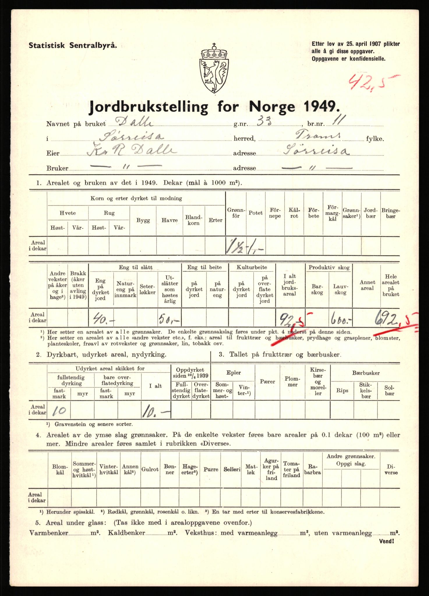 Statistisk sentralbyrå, Næringsøkonomiske emner, Jordbruk, skogbruk, jakt, fiske og fangst, AV/RA-S-2234/G/Gc/L0440: Troms: Sørreisa og Dyrøy, 1949, p. 843