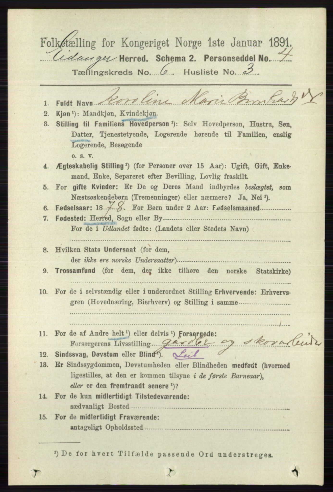 RA, 1891 census for 0813 Eidanger, 1891, p. 2580