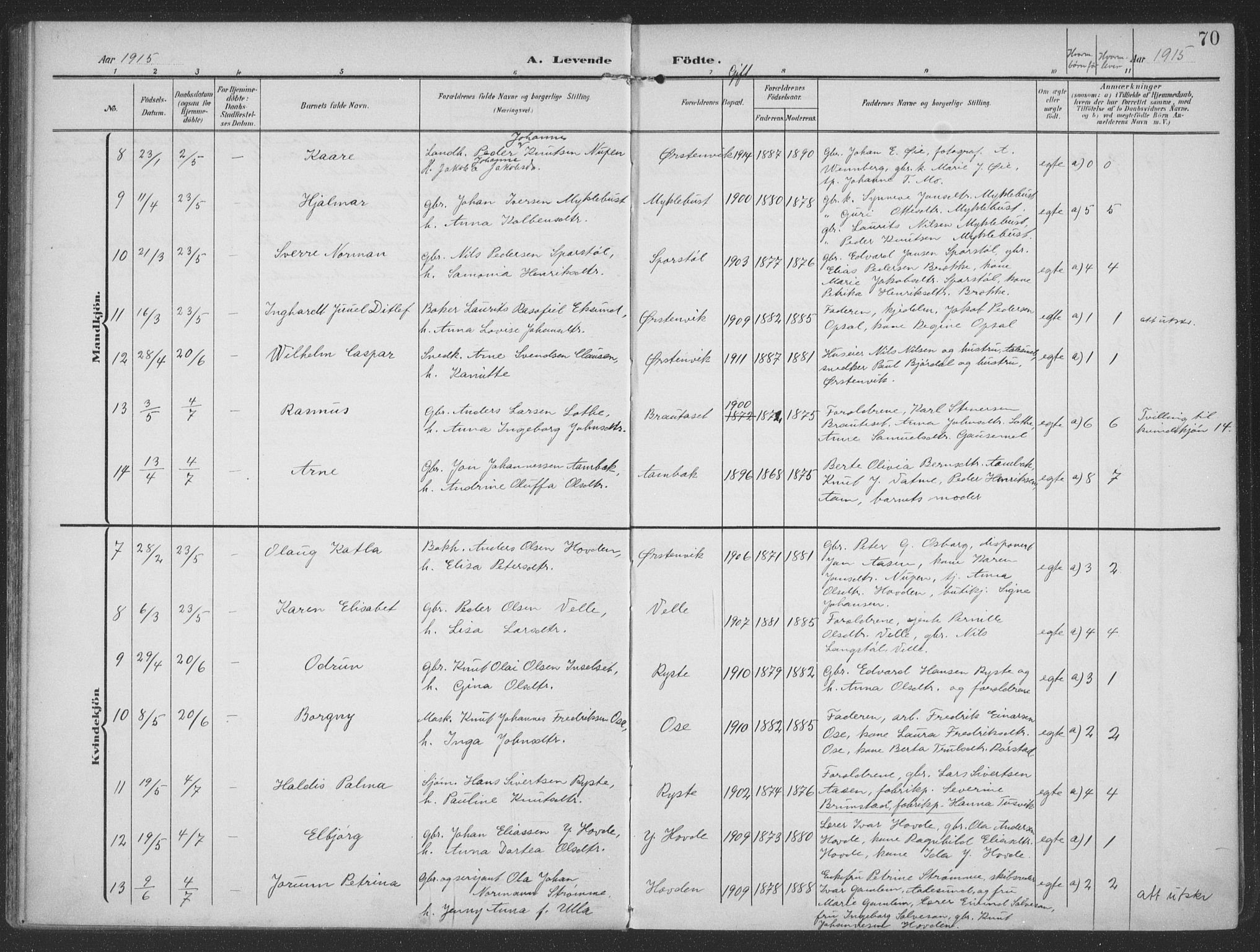 Ministerialprotokoller, klokkerbøker og fødselsregistre - Møre og Romsdal, AV/SAT-A-1454/513/L0178: Parish register (official) no. 513A05, 1906-1919, p. 70