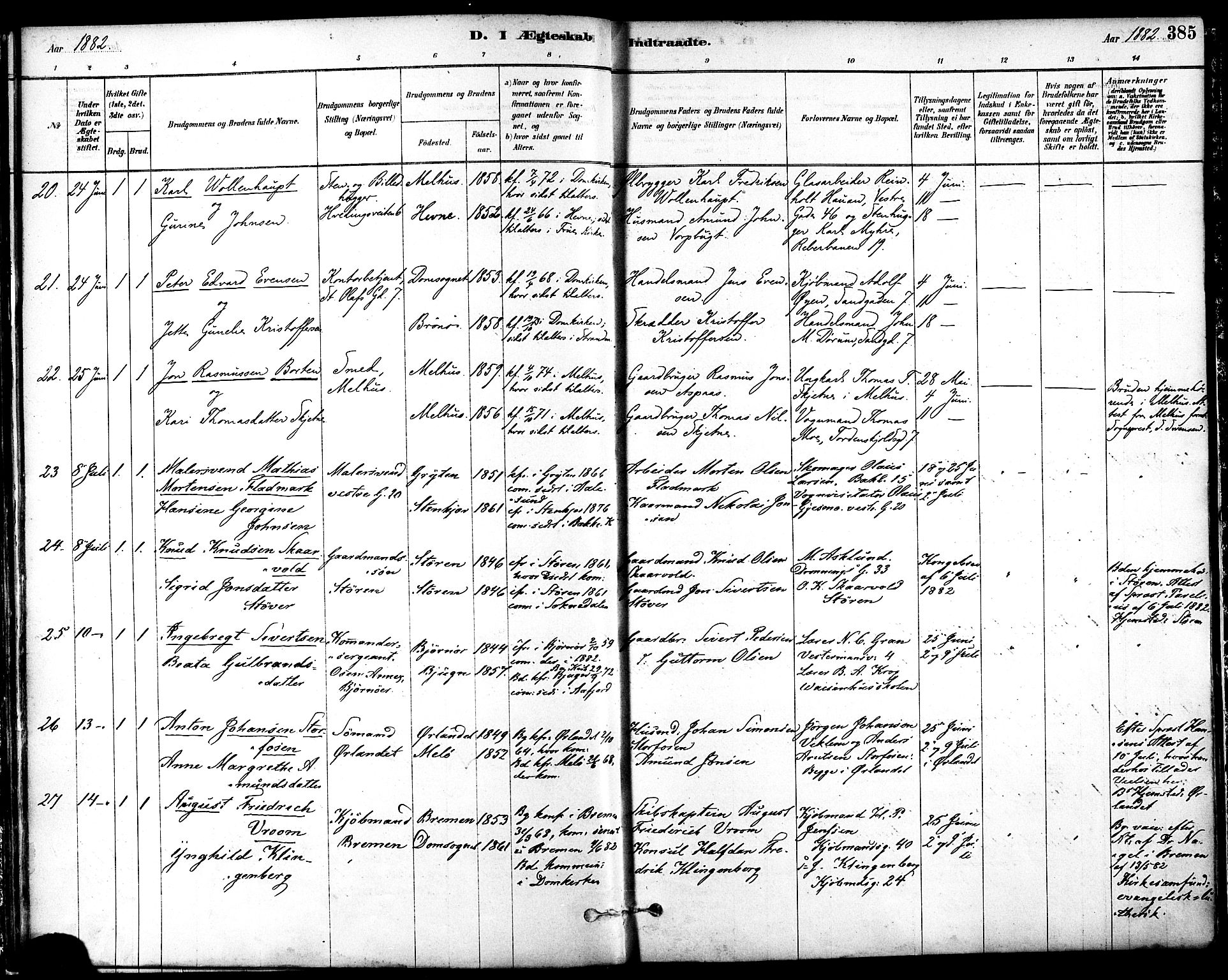 Ministerialprotokoller, klokkerbøker og fødselsregistre - Sør-Trøndelag, AV/SAT-A-1456/601/L0058: Parish register (official) no. 601A26, 1877-1891, p. 385