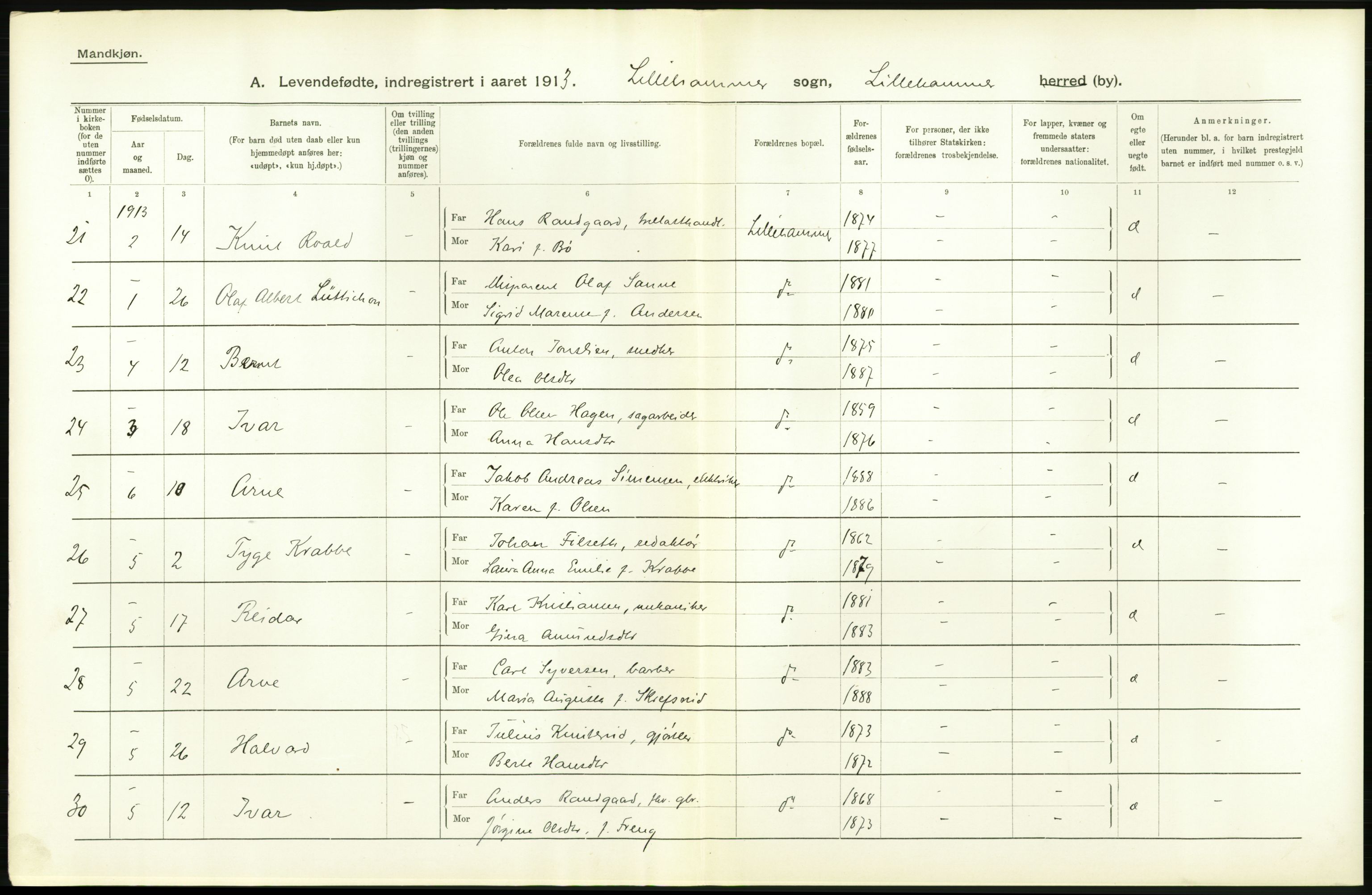 Statistisk sentralbyrå, Sosiodemografiske emner, Befolkning, AV/RA-S-2228/D/Df/Dfb/Dfbc/L0013: Kristians amt: Levendefødte menn og kvinner. Bygder og byer., 1913, p. 690