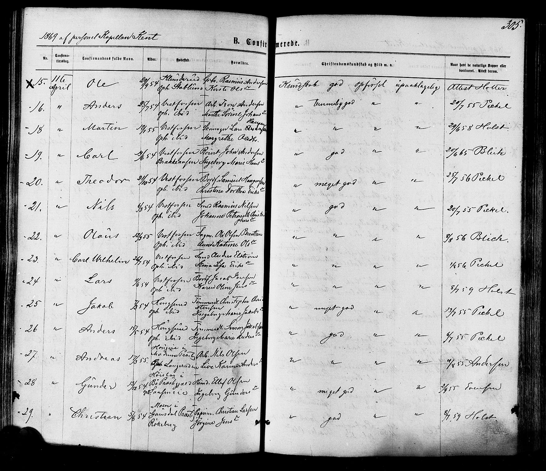 Eiker kirkebøker, AV/SAKO-A-4/F/Fa/L0017: Parish register (official) no. I 17, 1869-1877, p. 305