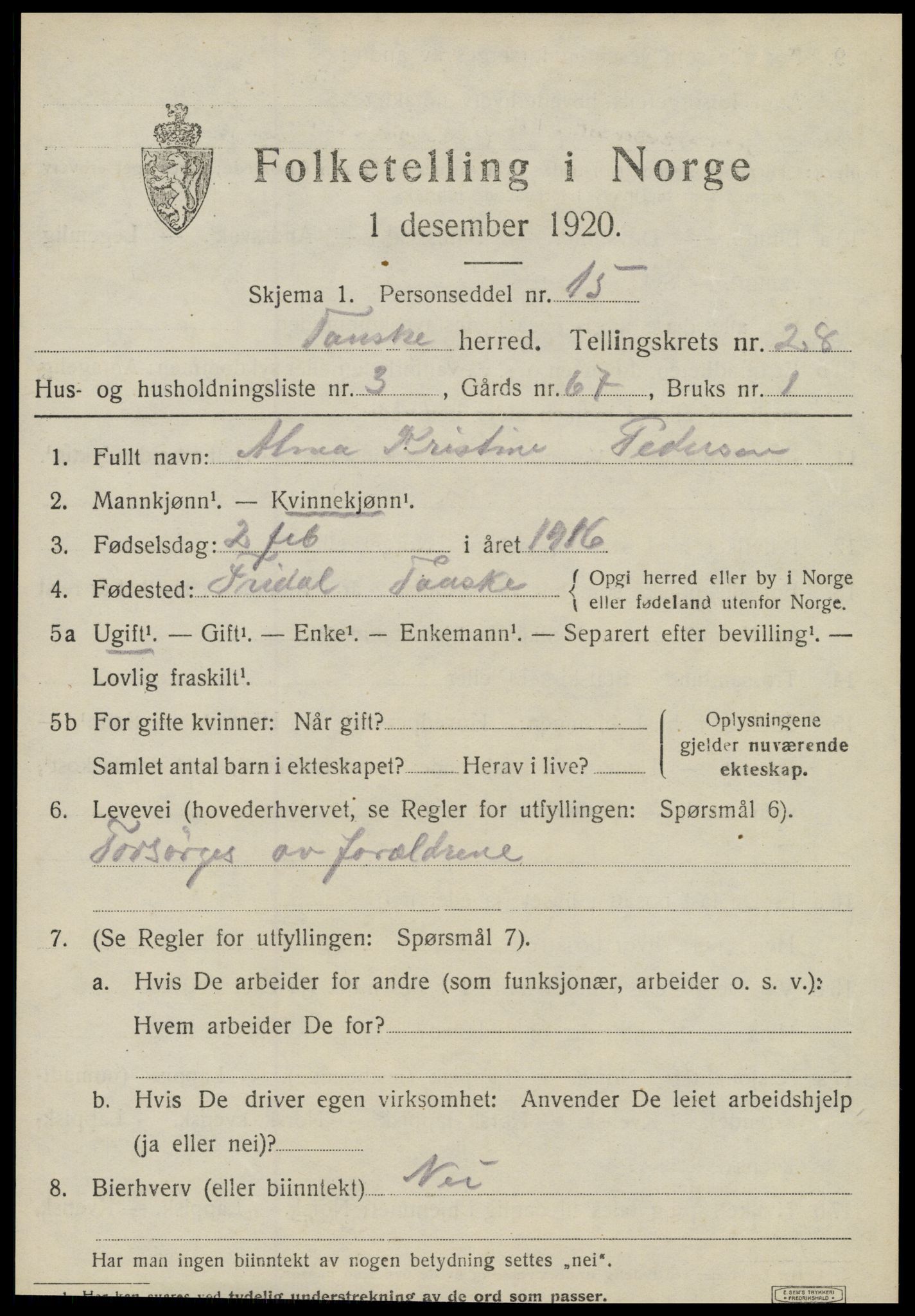 SAT, 1920 census for Fauske, 1920, p. 16994