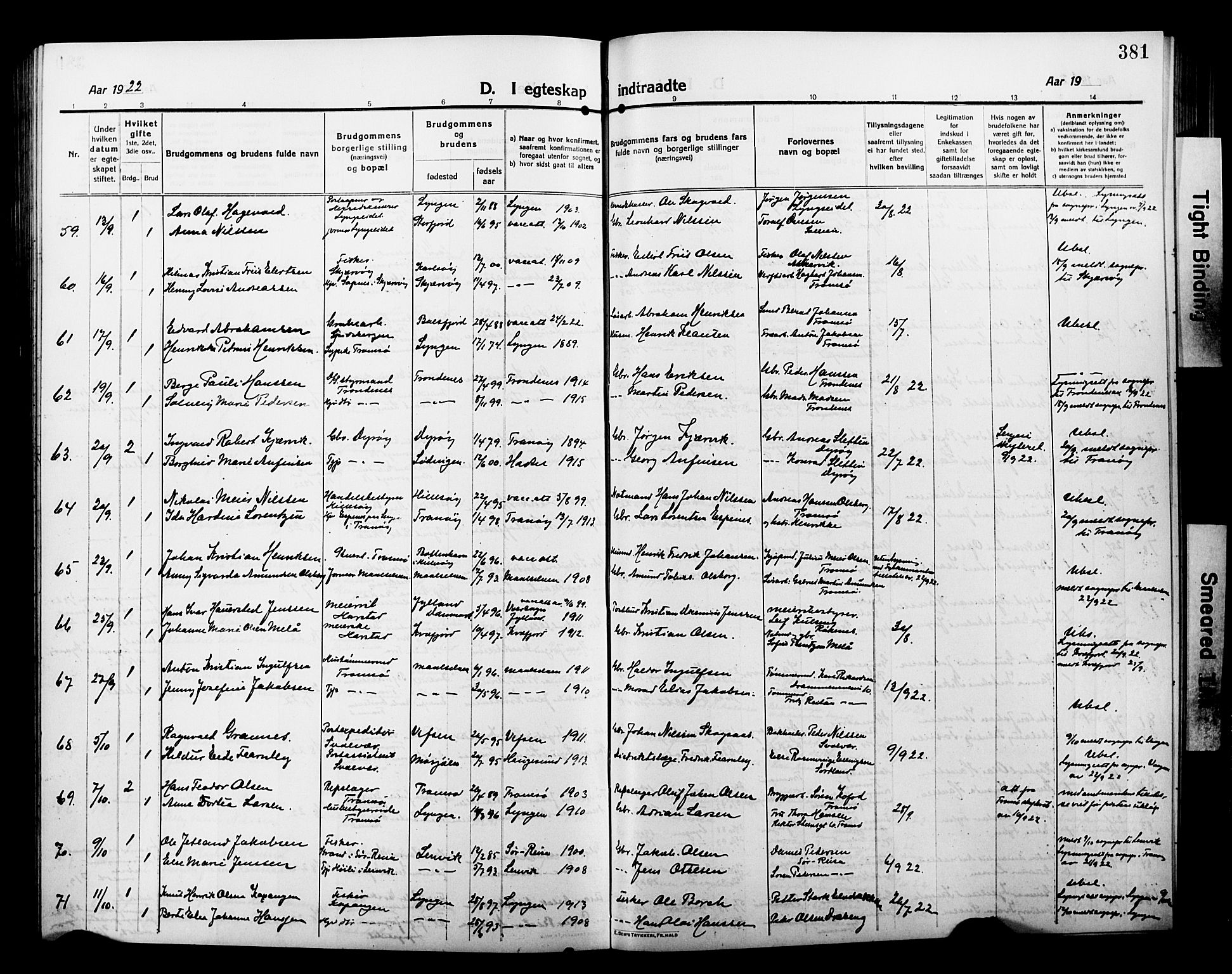 Tromsø sokneprestkontor/stiftsprosti/domprosti, AV/SATØ-S-1343/G/Gb/L0009klokker: Parish register (copy) no. 9, 1915-1925, p. 381