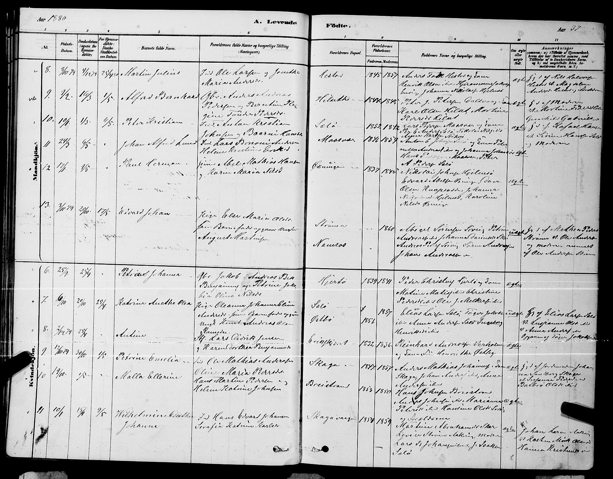 Ministerialprotokoller, klokkerbøker og fødselsregistre - Nordland, AV/SAT-A-1459/834/L0513: Parish register (copy) no. 834C04, 1877-1892, p. 37