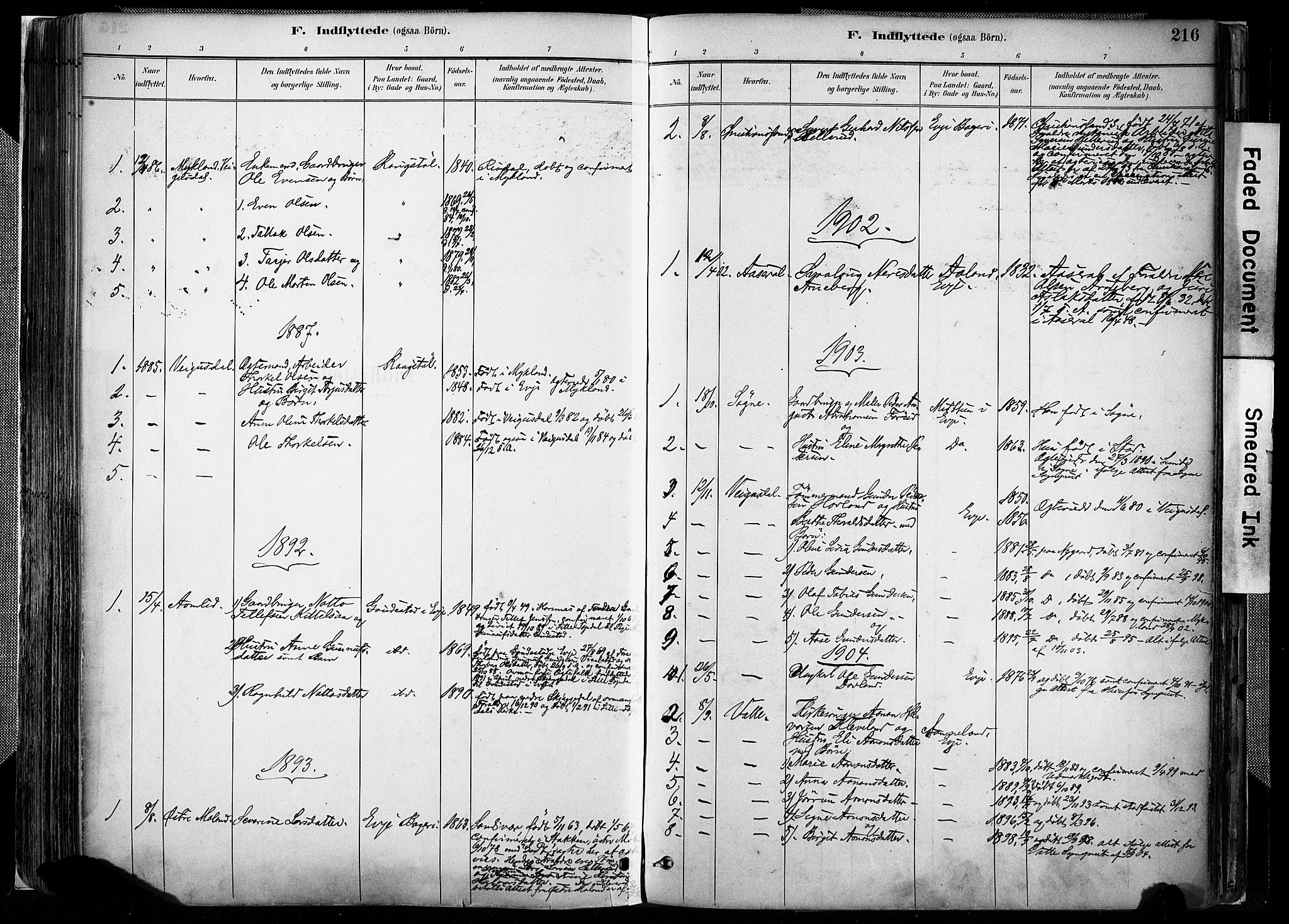 Evje sokneprestkontor, AV/SAK-1111-0008/F/Fa/Faa/L0007: Parish register (official) no. A 7, 1884-1909, p. 216