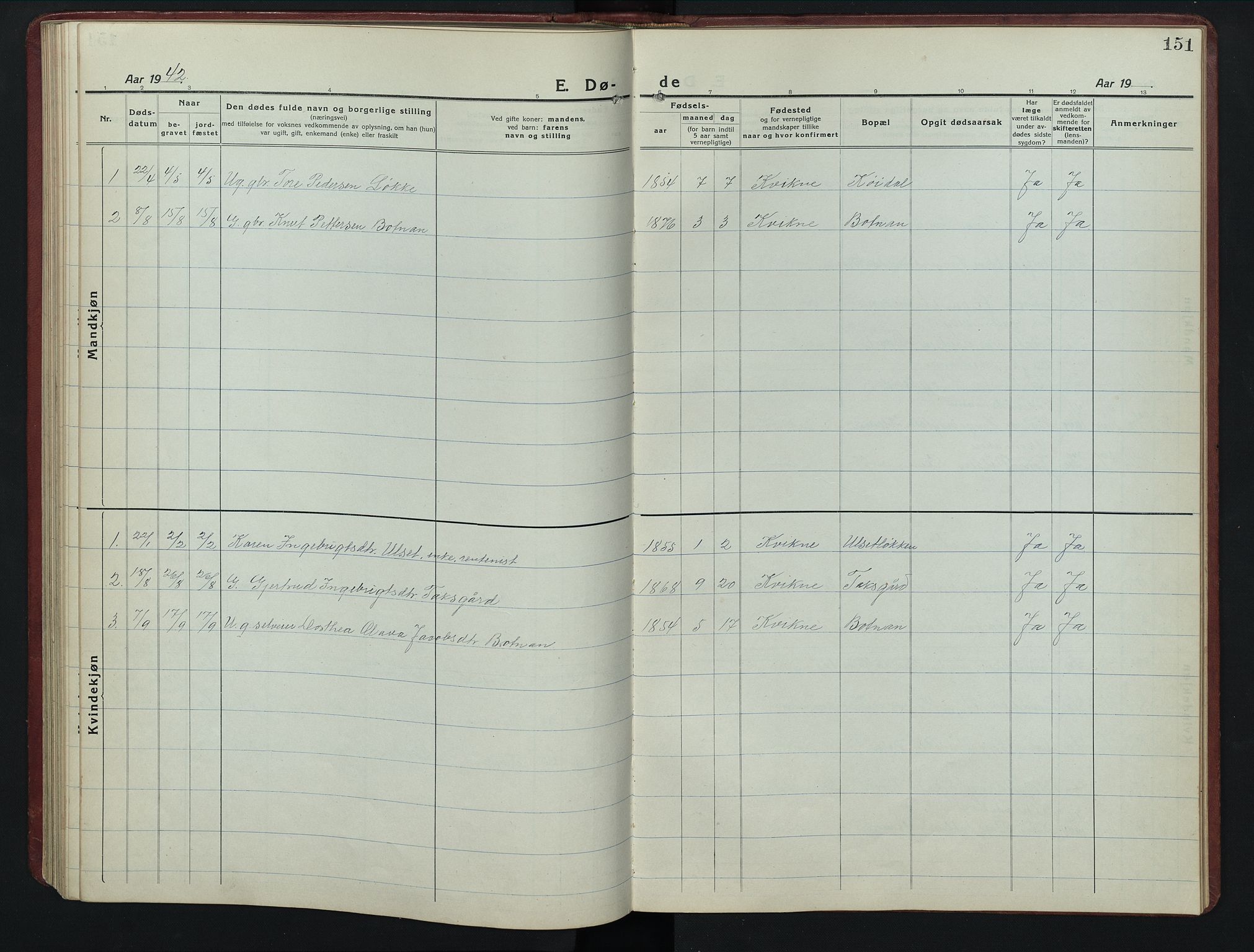 Kvikne prestekontor, SAH/PREST-064/H/Ha/Hab/L0005: Parish register (copy) no. 5, 1919-1943, p. 151
