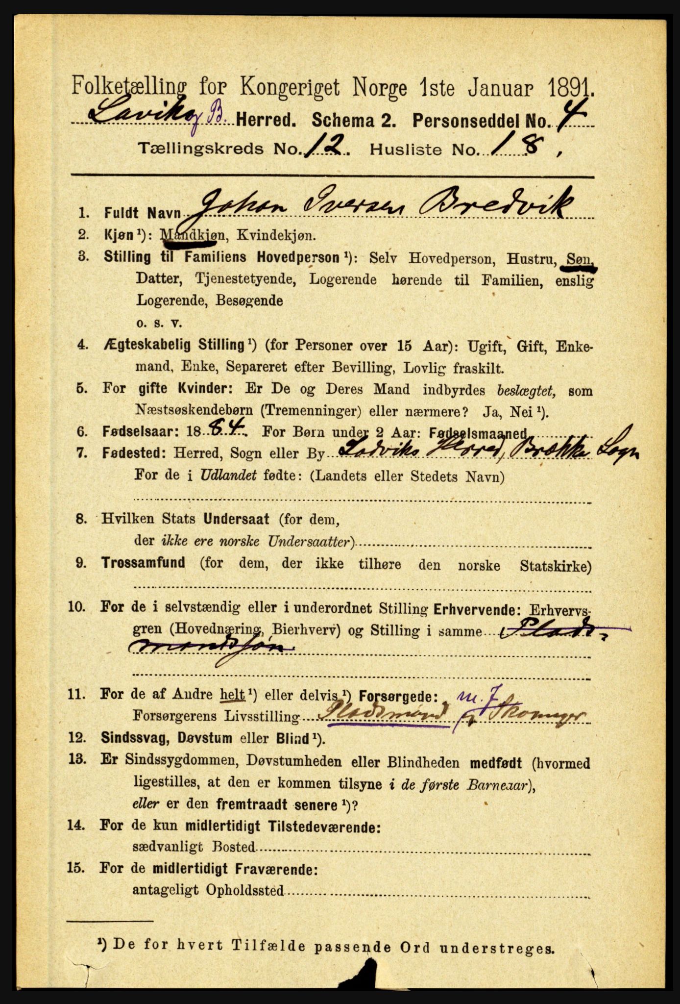 RA, 1891 census for 1415 Lavik og Brekke, 1891, p. 2485