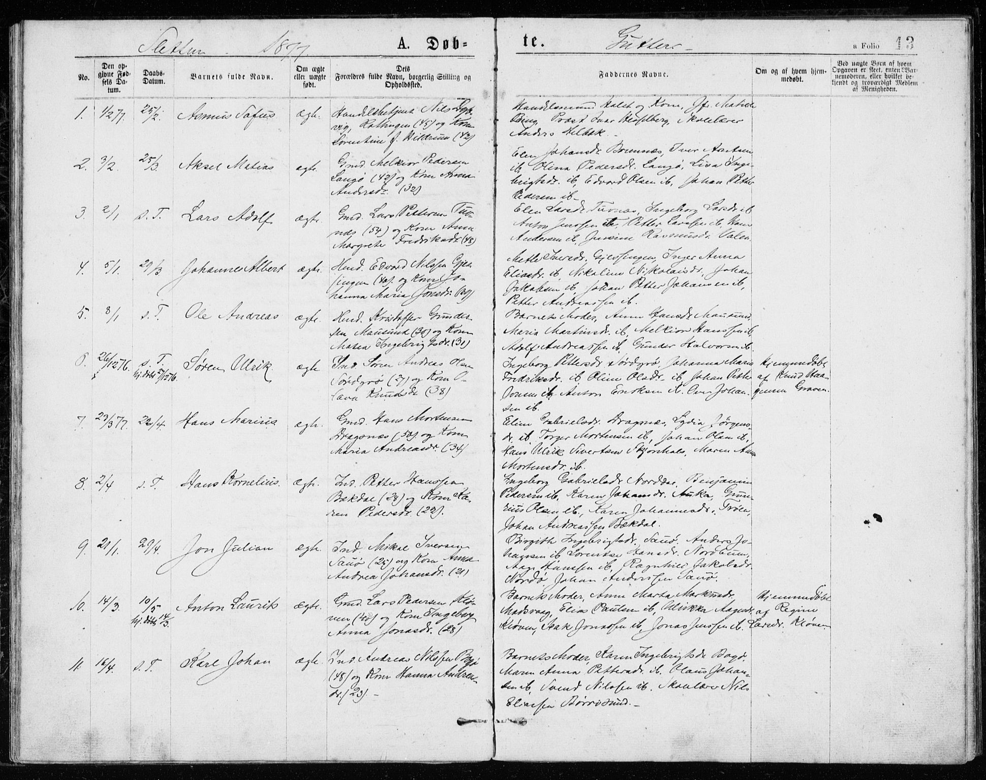 Ministerialprotokoller, klokkerbøker og fødselsregistre - Sør-Trøndelag, SAT/A-1456/640/L0577: Parish register (official) no. 640A02, 1877-1878, p. 13