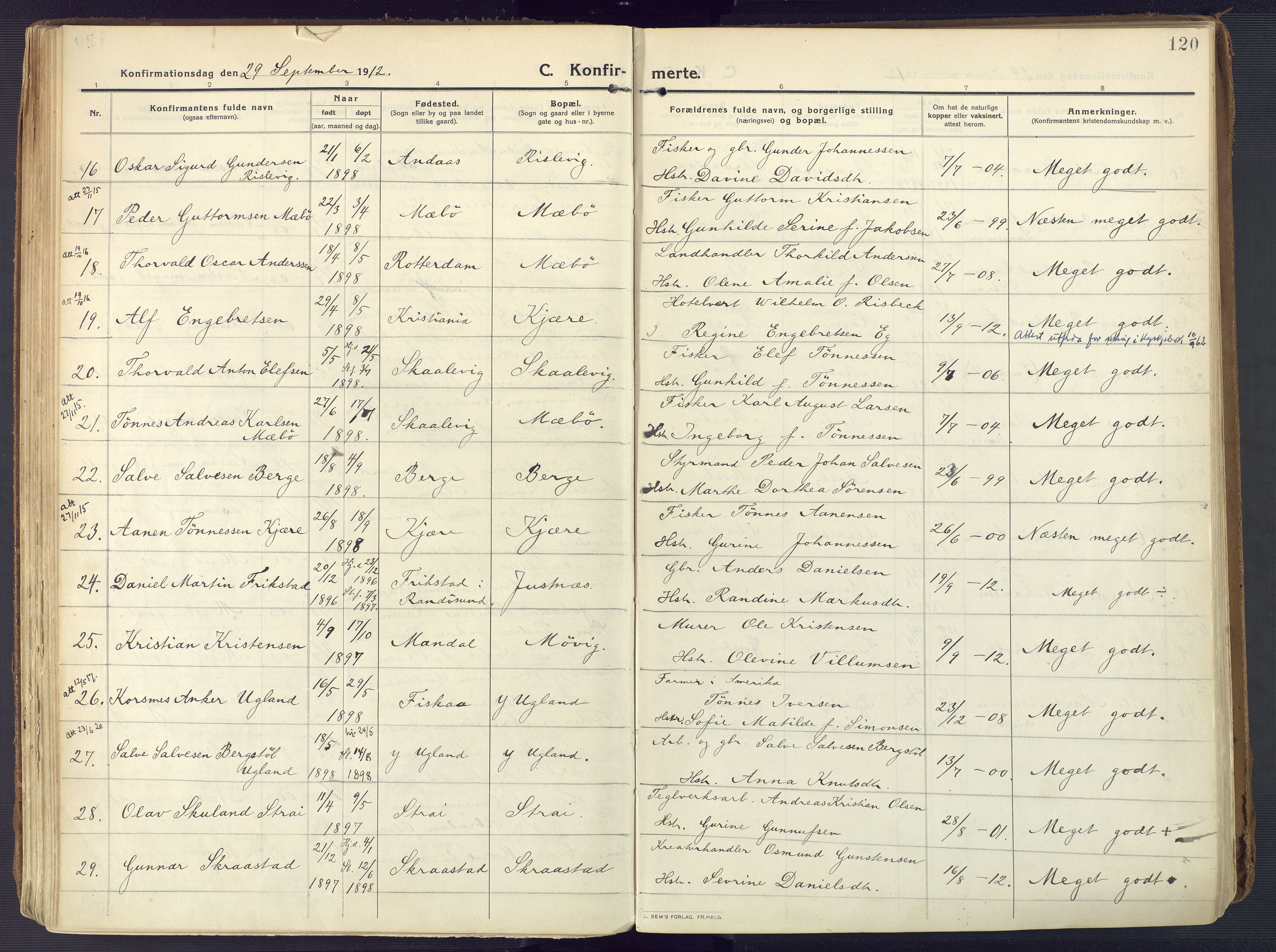 Oddernes sokneprestkontor, AV/SAK-1111-0033/F/Fa/Faa/L0012: Parish register (official) no. A 12, 1912-1925, p. 120