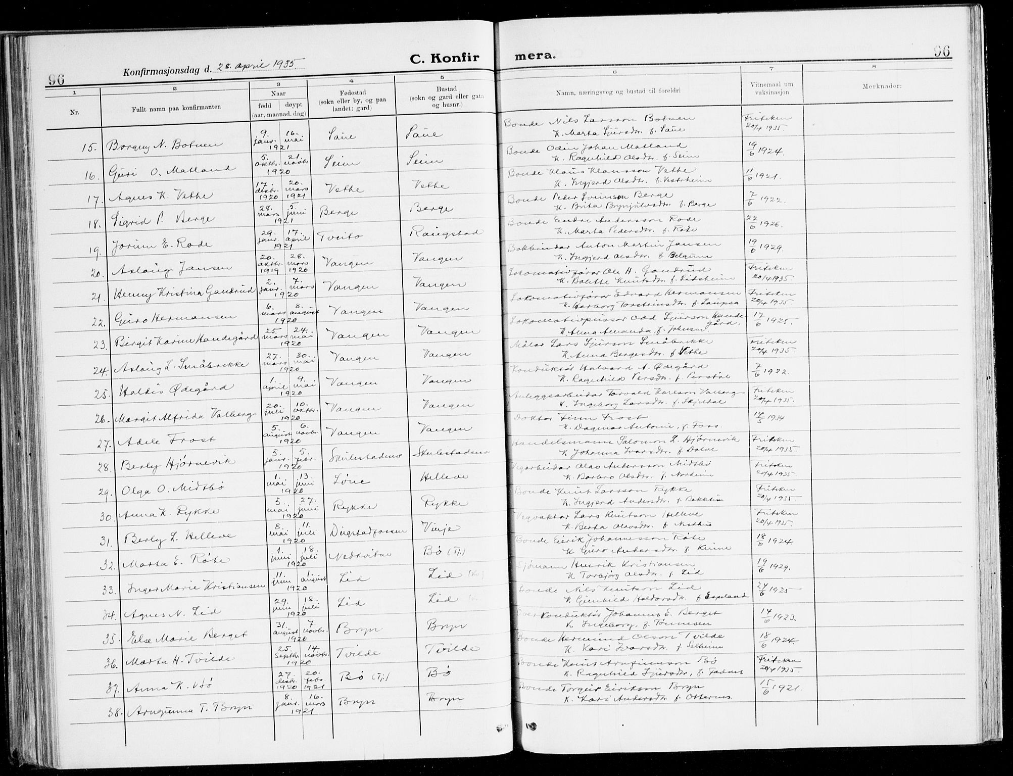 Voss sokneprestembete, SAB/A-79001/H/Haa: Parish register (official) no. B 3, 1922-1942, p. 96