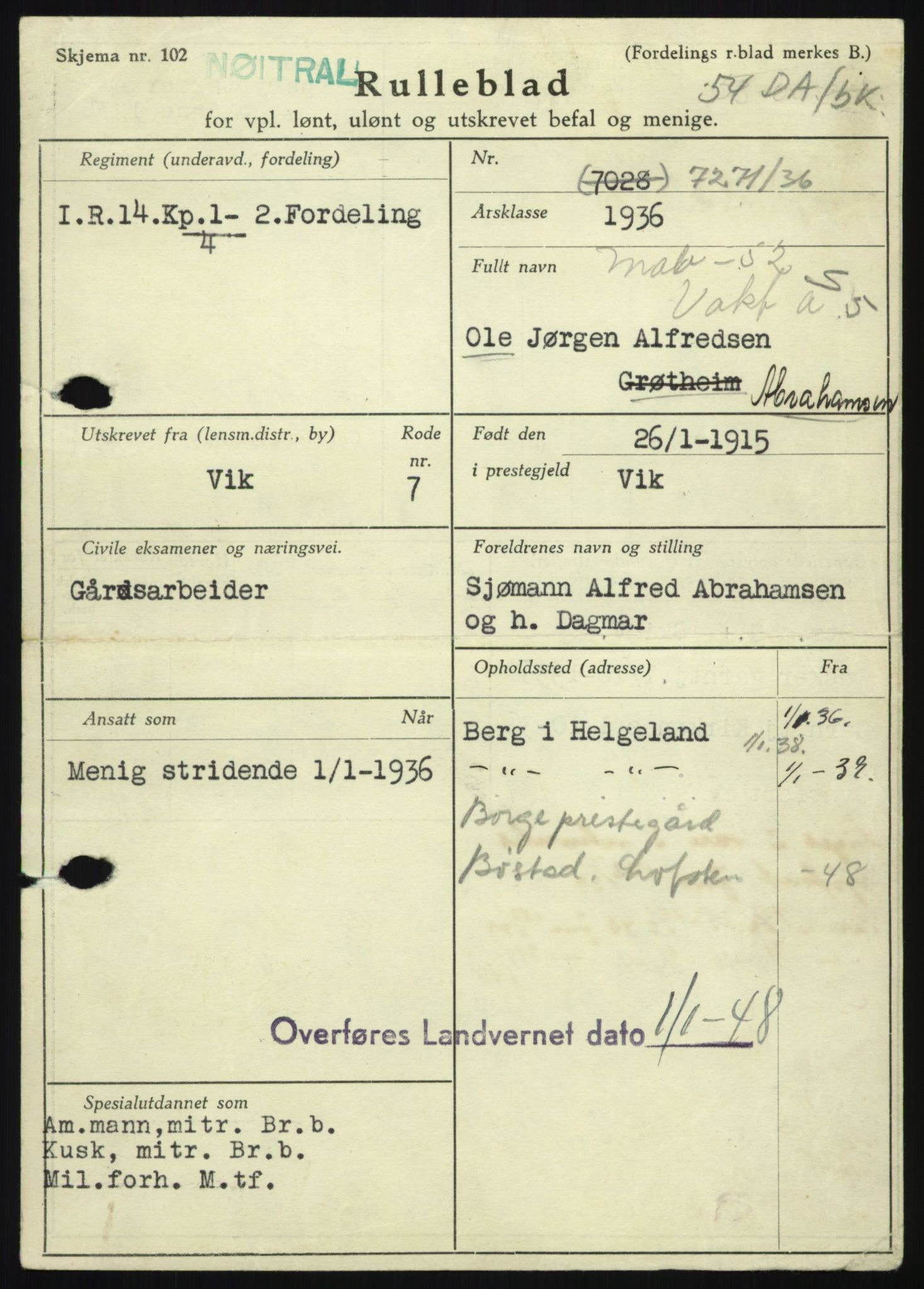 Forsvaret, Nord-Hålogaland infanteriregiment nr. 15, AV/RA-RAFA-2255/P/Pa/L0024: Rulleblad for menige mannskaper. Årsklasse 1936, A-J, Født: 1915 (1912), 1936, p. 3