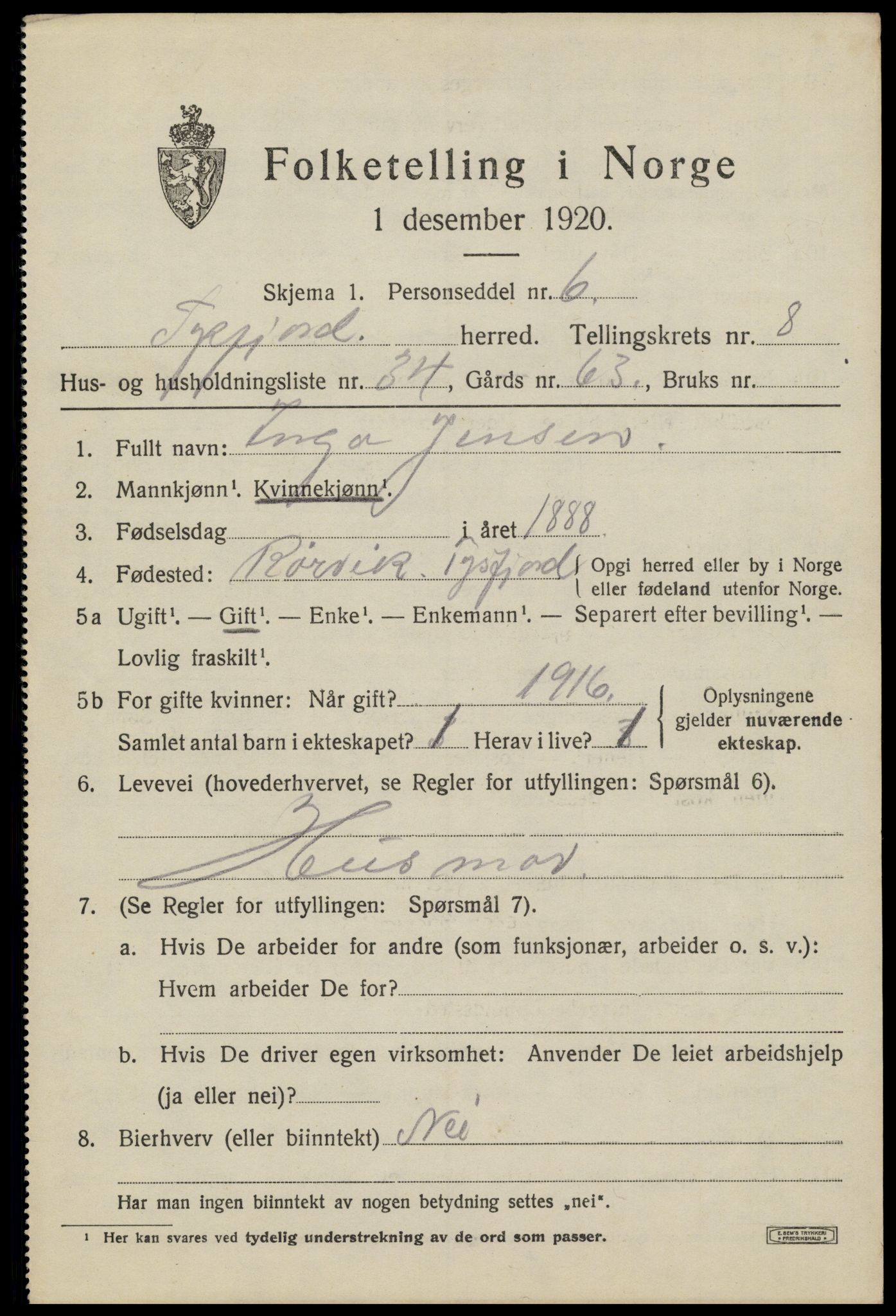 SAT, 1920 census for Tysfjord, 1920, p. 6253