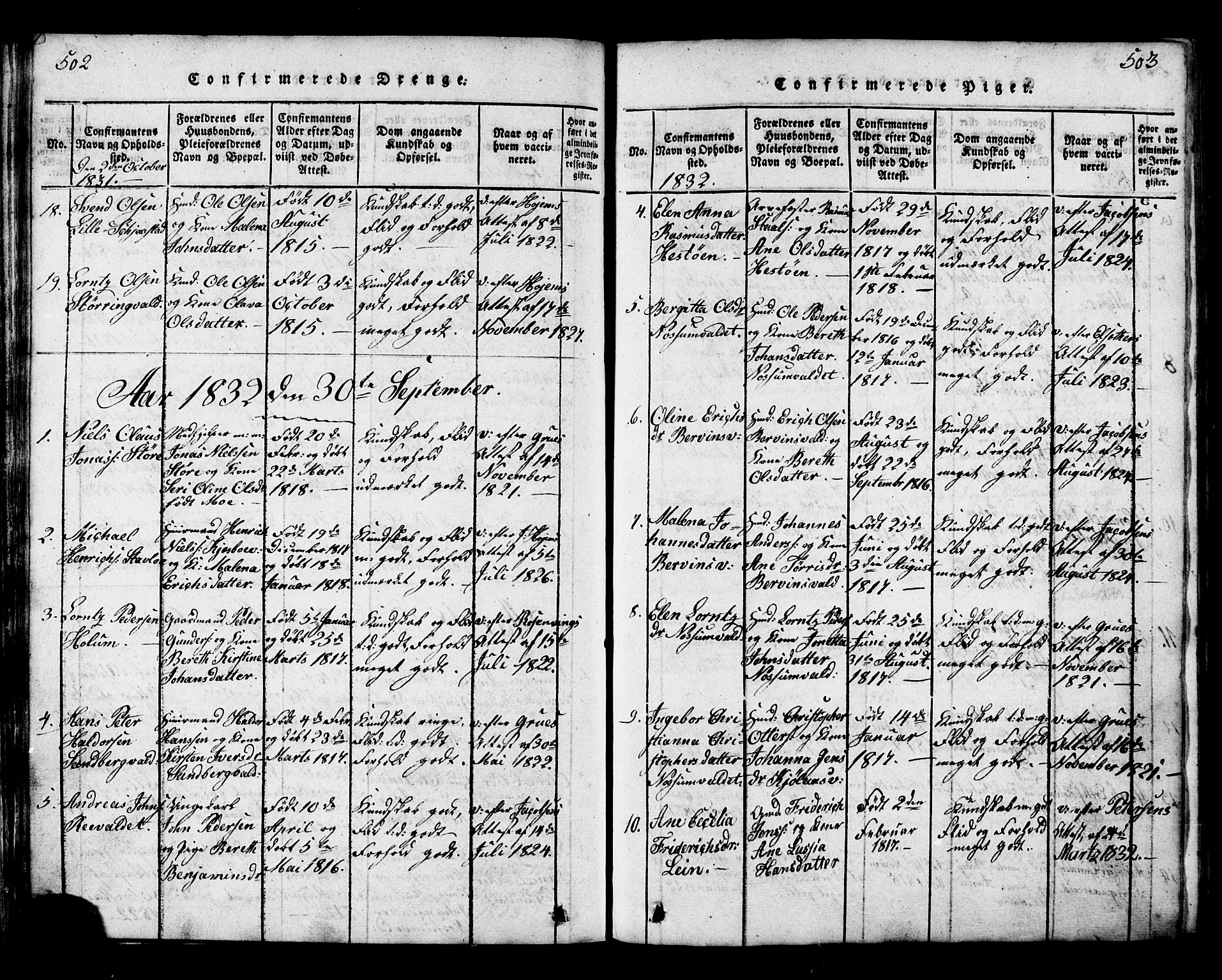 Ministerialprotokoller, klokkerbøker og fødselsregistre - Nord-Trøndelag, SAT/A-1458/717/L0169: Parish register (copy) no. 717C01, 1816-1834, p. 502-503
