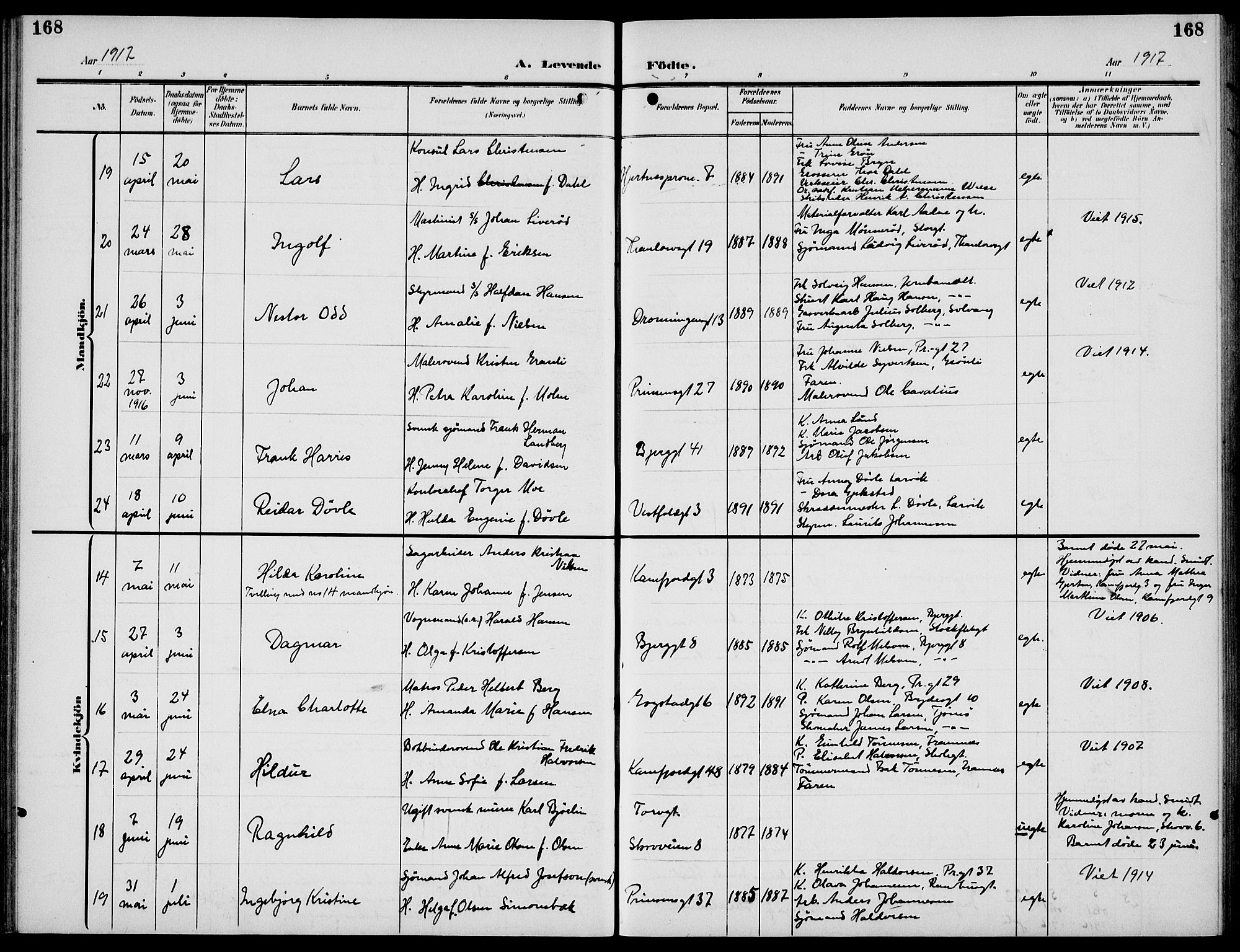 Sandefjord kirkebøker, AV/SAKO-A-315/G/Ga/L0003: Parish register (copy) no. 3, 1903-1920, p. 168