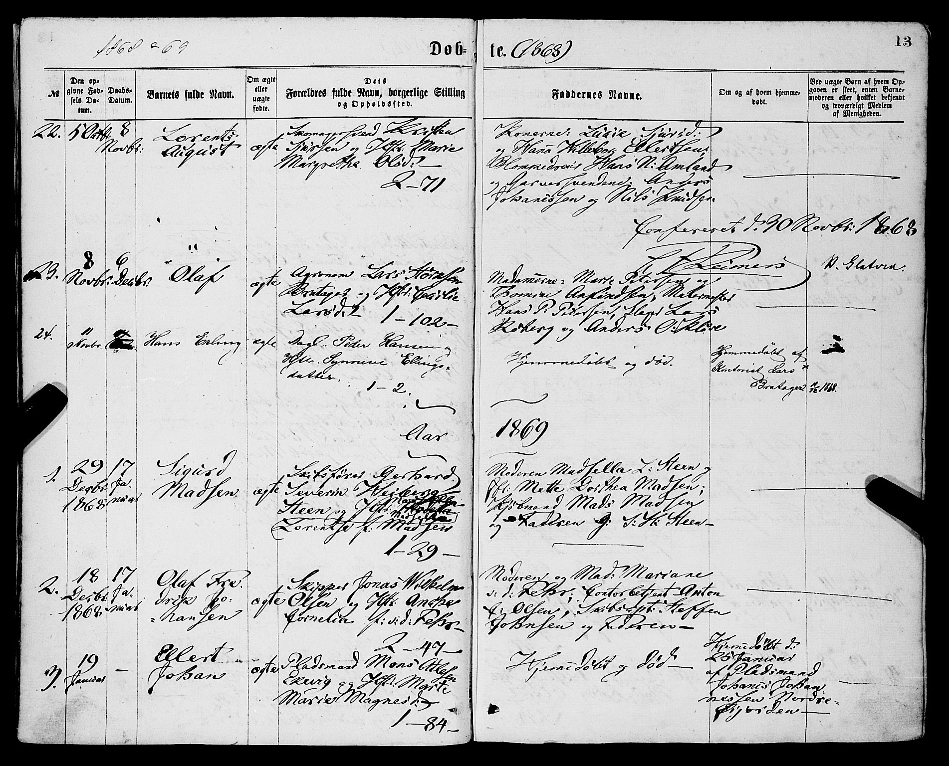 Sandviken Sokneprestembete, AV/SAB-A-77601/H/Ha/L0001: Parish register (official) no. A 1, 1867-1877, p. 13