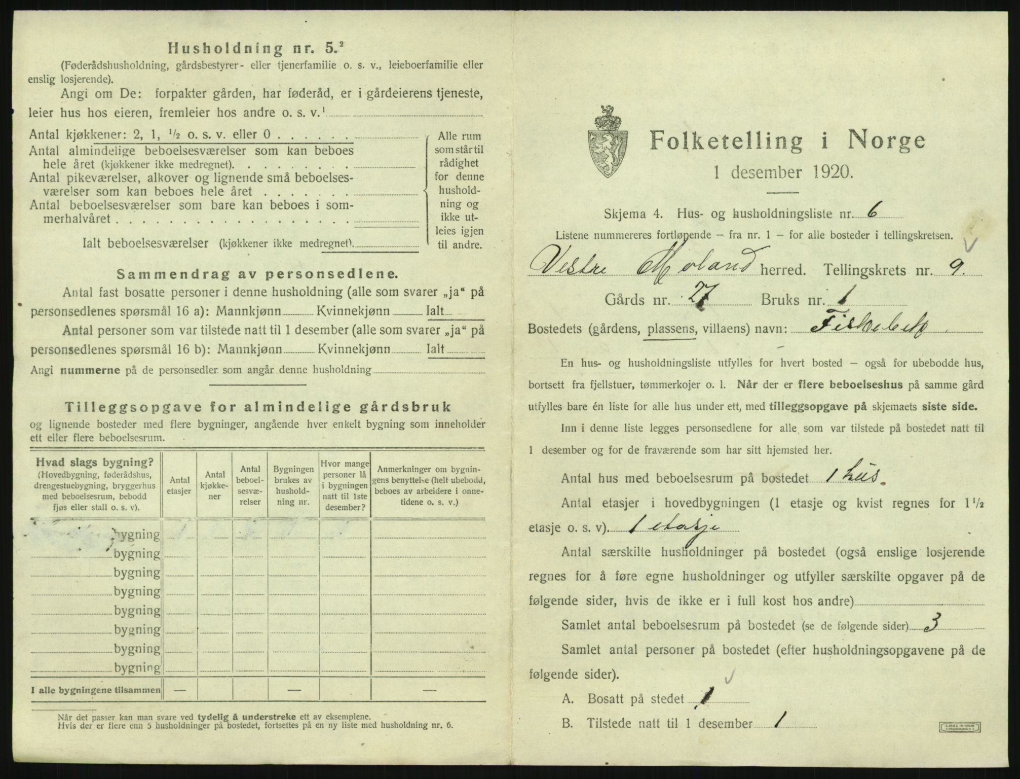 SAK, 1920 census for Vestre Moland, 1920, p. 1039