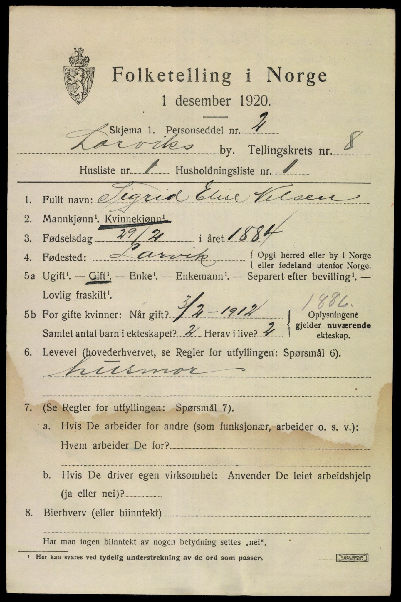 SAKO, 1920 census for Larvik, 1920, p. 22964