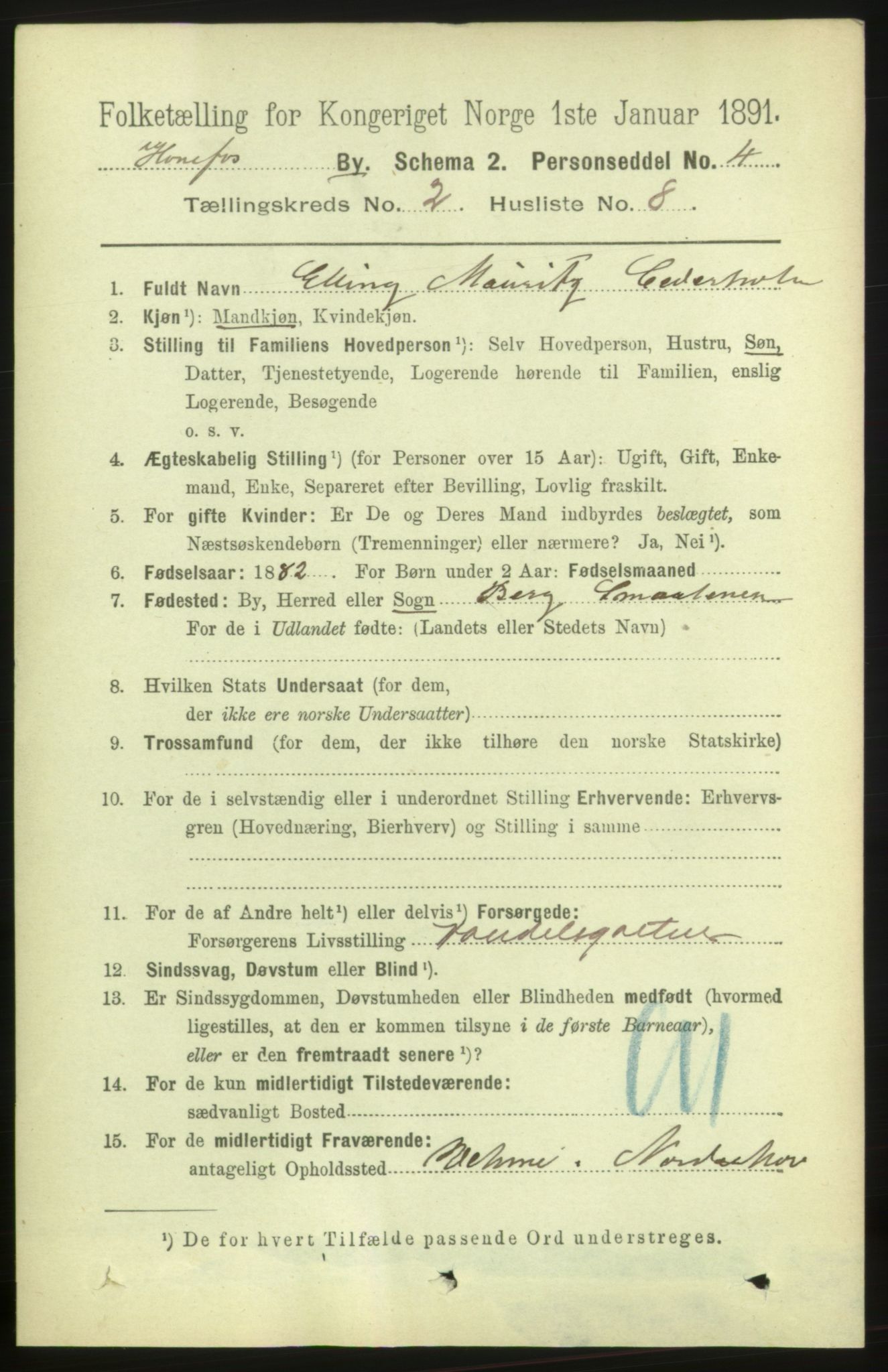 RA, 1891 census for 0601 Hønefoss, 1891, p. 636