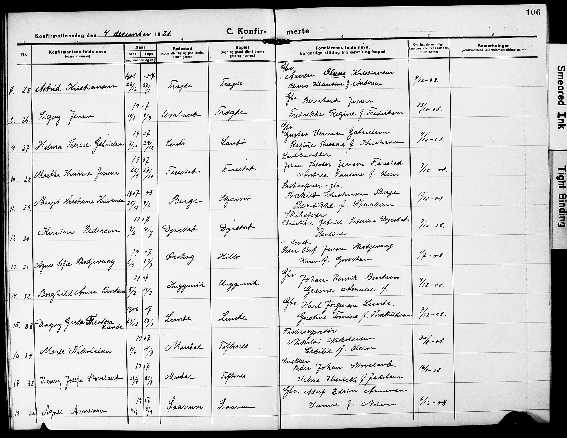 Mandal sokneprestkontor, SAK/1111-0030/F/Fb/Fba/L0013: Parish register (copy) no. B 7, 1918-1931, p. 106