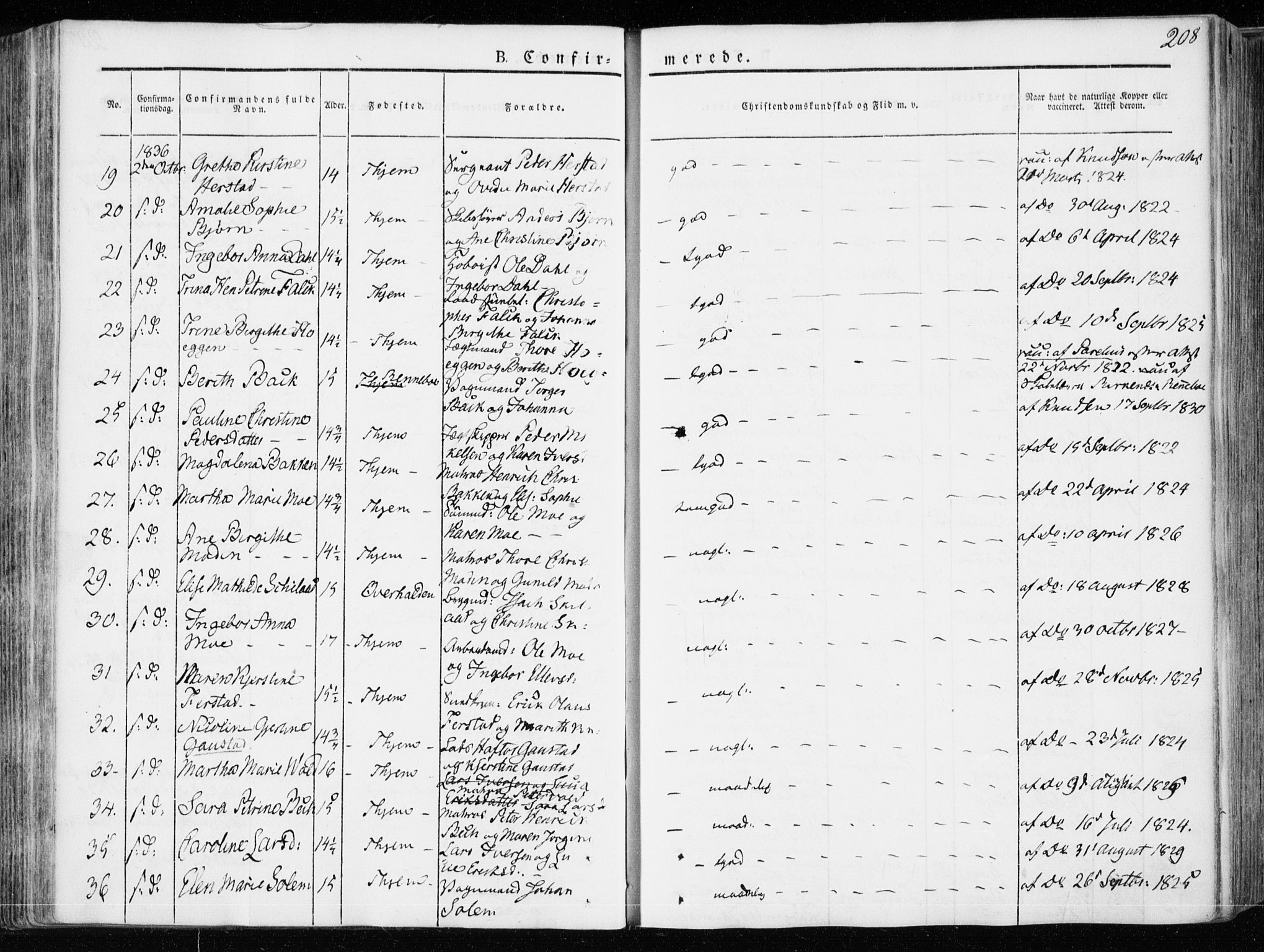 Ministerialprotokoller, klokkerbøker og fødselsregistre - Sør-Trøndelag, SAT/A-1456/601/L0047: Parish register (official) no. 601A15, 1831-1839, p. 208