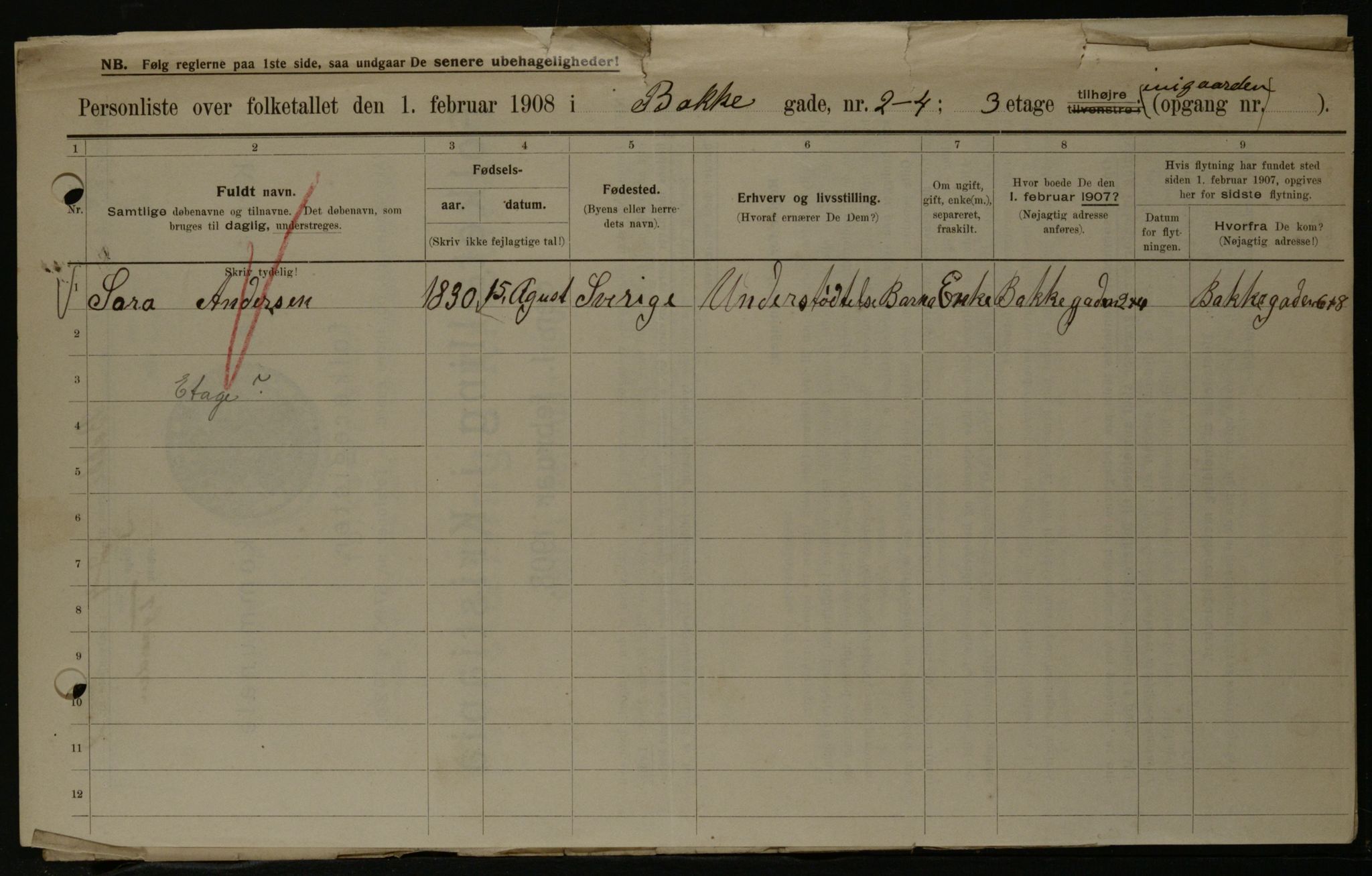 OBA, Municipal Census 1908 for Kristiania, 1908, p. 2734