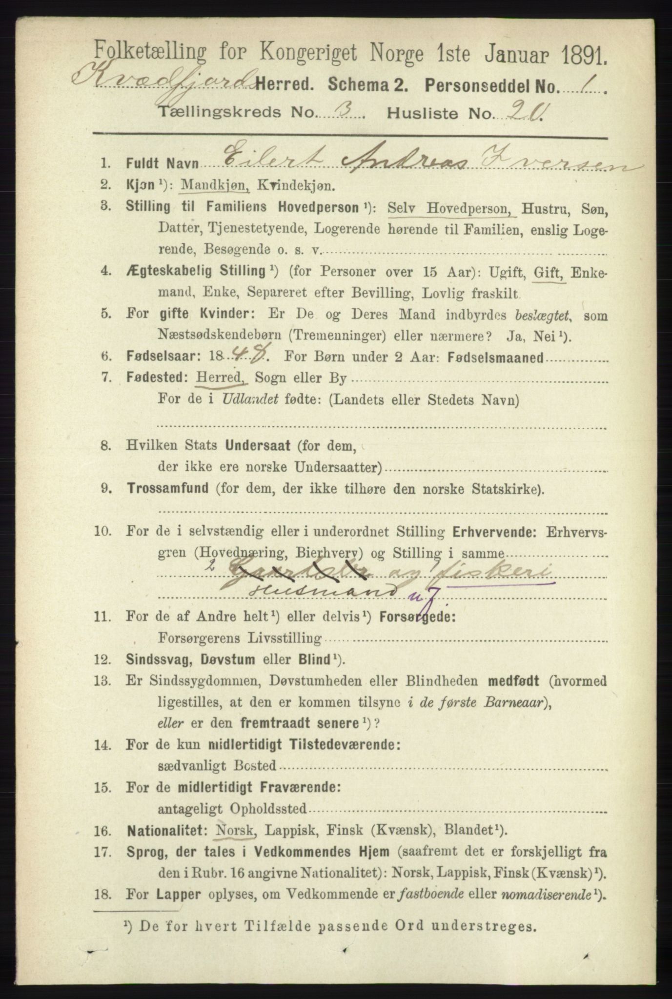 RA, 1891 census for 1911 Kvæfjord, 1891, p. 1395