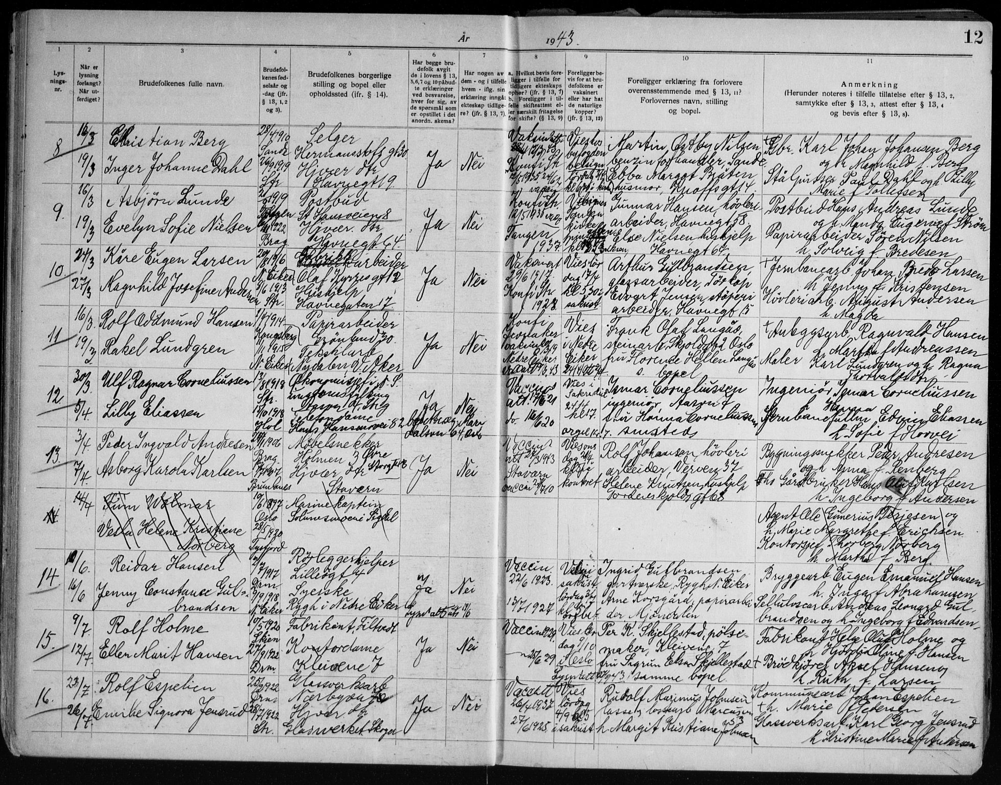 Strømsø kirkebøker, AV/SAKO-A-246/H/Ha/L0020: Banns register no. 20, 1941-1953, p. 12