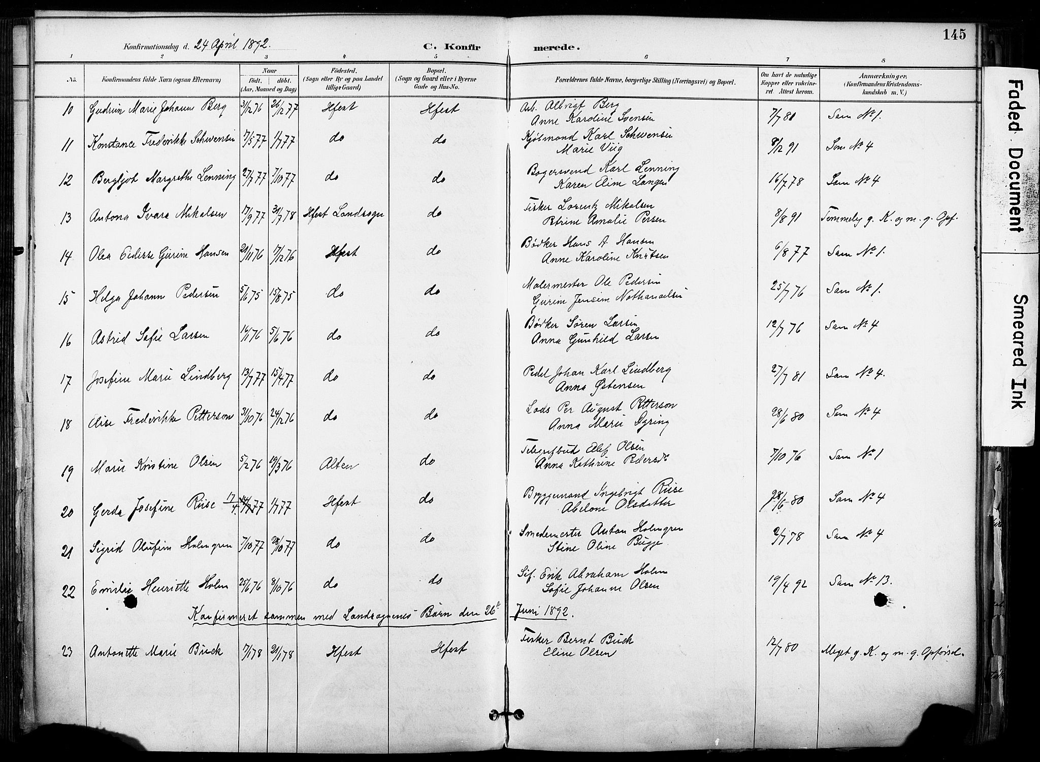 Hammerfest sokneprestkontor, AV/SATØ-S-1347/H/Ha/L0009.kirke: Parish register (official) no. 9, 1889-1897, p. 145