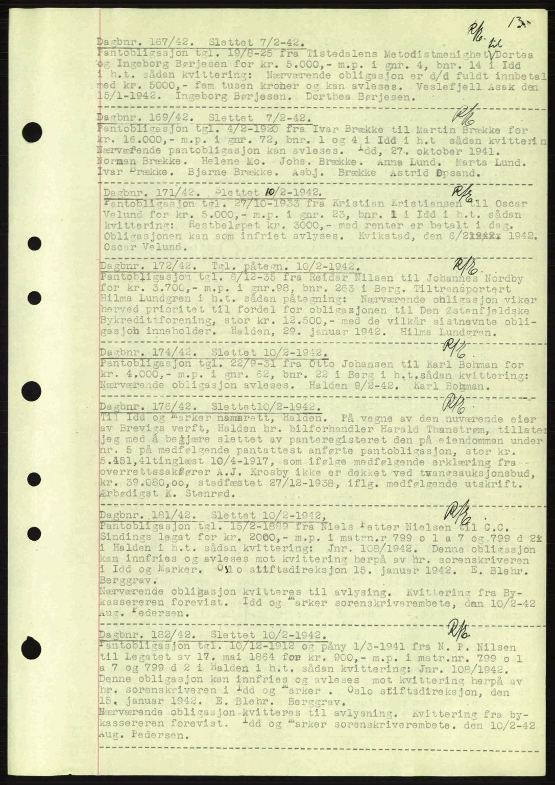 Idd og Marker sorenskriveri, AV/SAO-A-10283/G/Gb/Gbc/L0002: Mortgage book no. B4-9a, 1939-1945, Diary no: : 167/1942