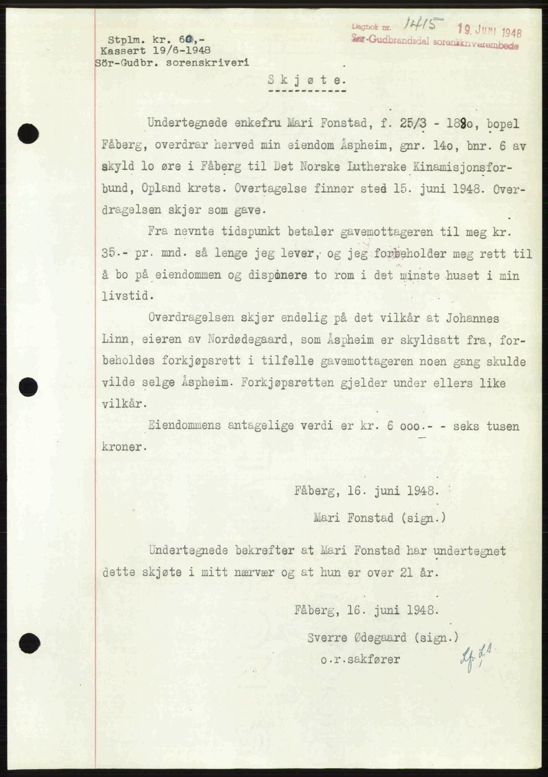 Sør-Gudbrandsdal tingrett, SAH/TING-004/H/Hb/Hbd/L0022: Mortgage book no. A22, 1948-1948, Diary no: : 1415/1948