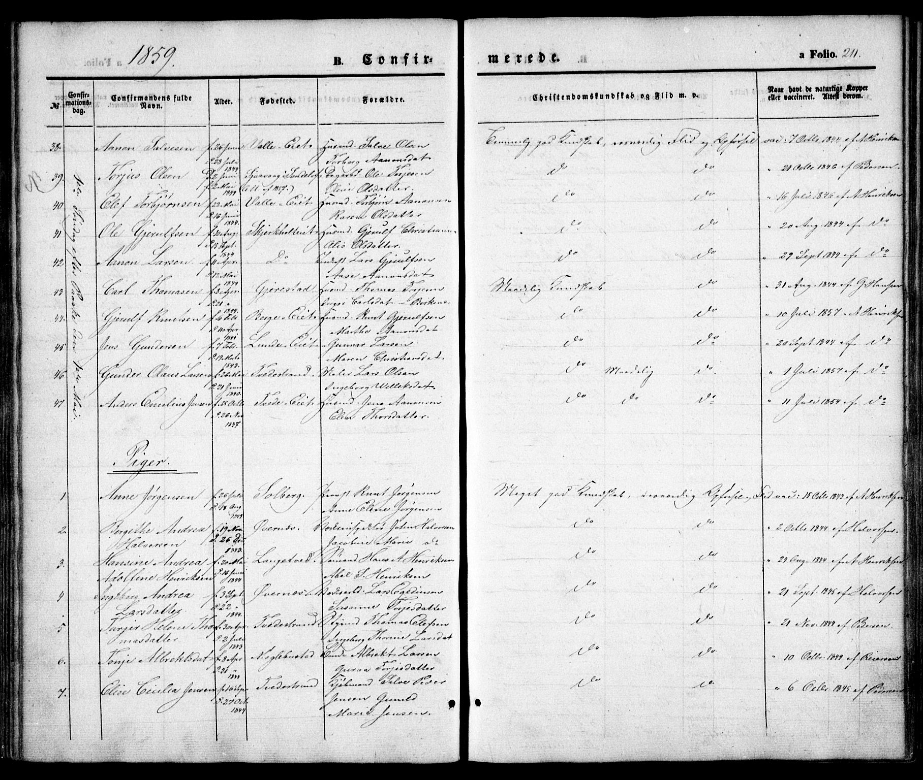 Holt sokneprestkontor, AV/SAK-1111-0021/F/Fa/L0008: Parish register (official) no. A 8, 1849-1860, p. 211