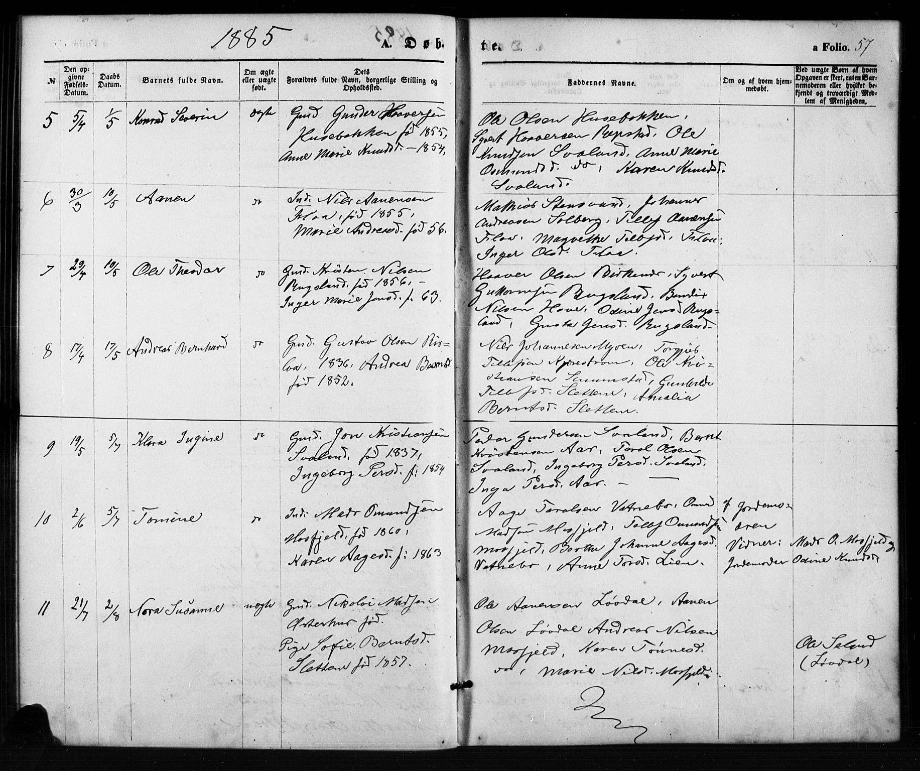 Birkenes sokneprestkontor, SAK/1111-0004/F/Fb/L0003: Parish register (copy) no. B 3, 1876-1892, p. 57