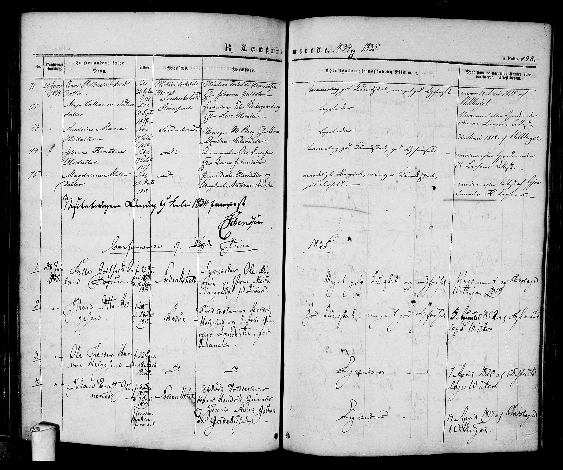 Halden prestekontor Kirkebøker, SAO/A-10909/F/Fa/L0005: Parish register (official) no. I 5, 1834-1845, p. 198