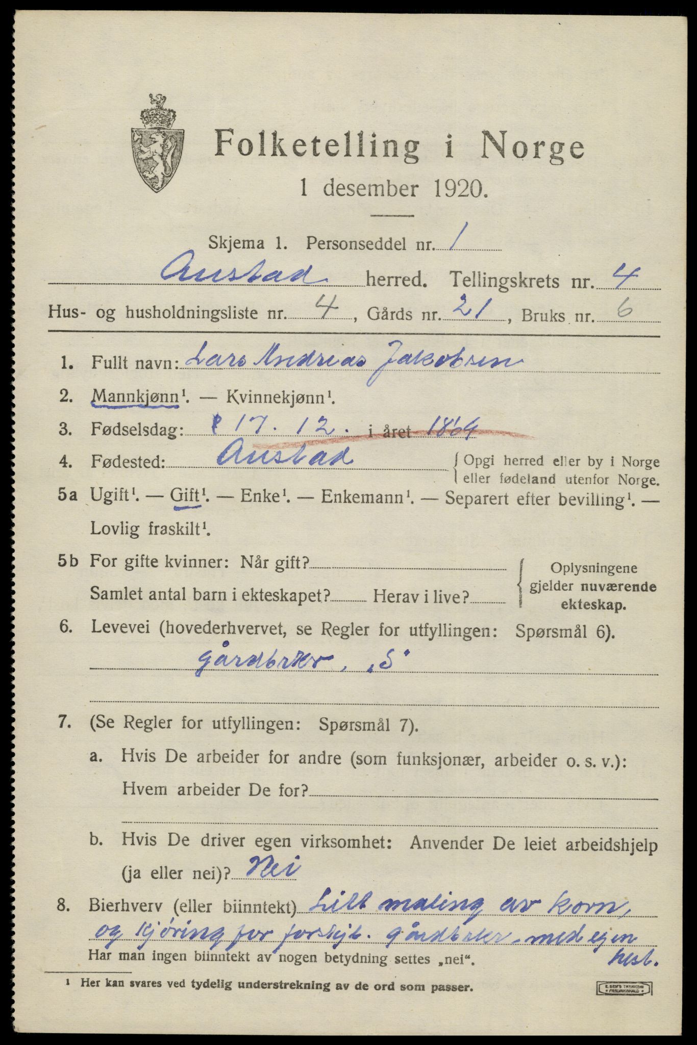 SAK, 1920 census for Austad, 1920, p. 1439