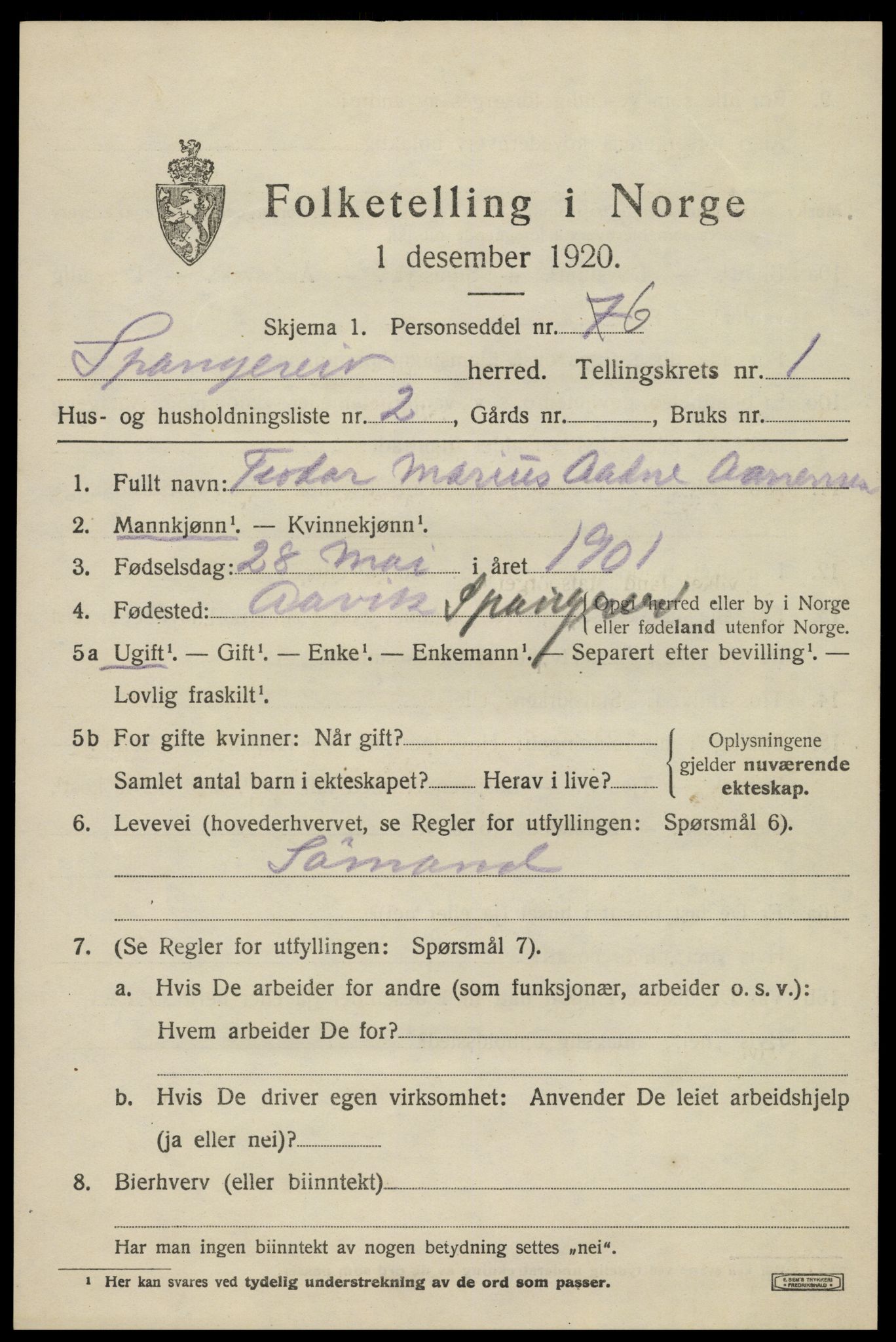 SAK, 1920 census for Spangereid, 1920, p. 845