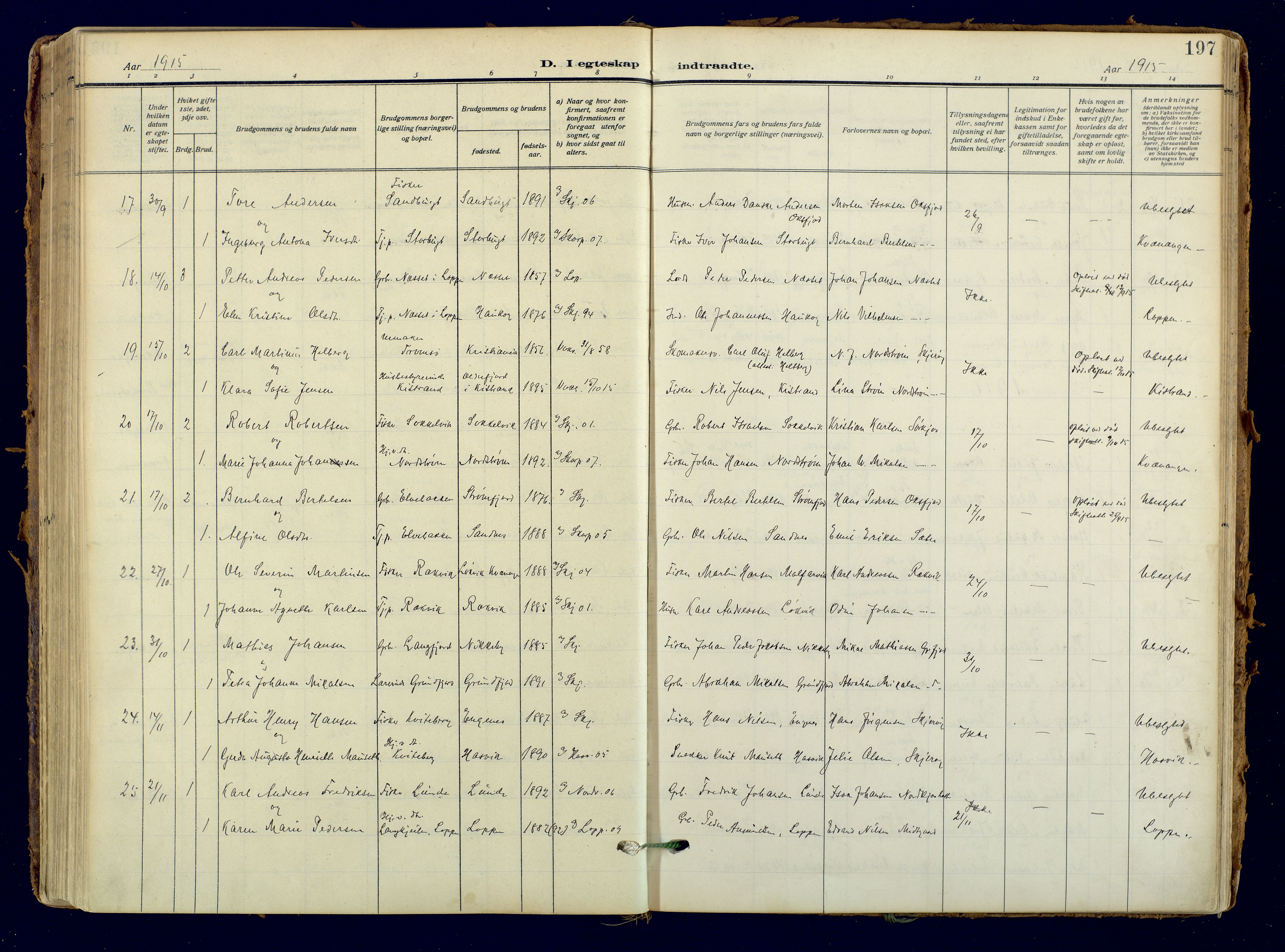 Skjervøy sokneprestkontor, AV/SATØ-S-1300/H/Ha/Haa: Parish register (official) no. 18, 1910-1926, p. 197