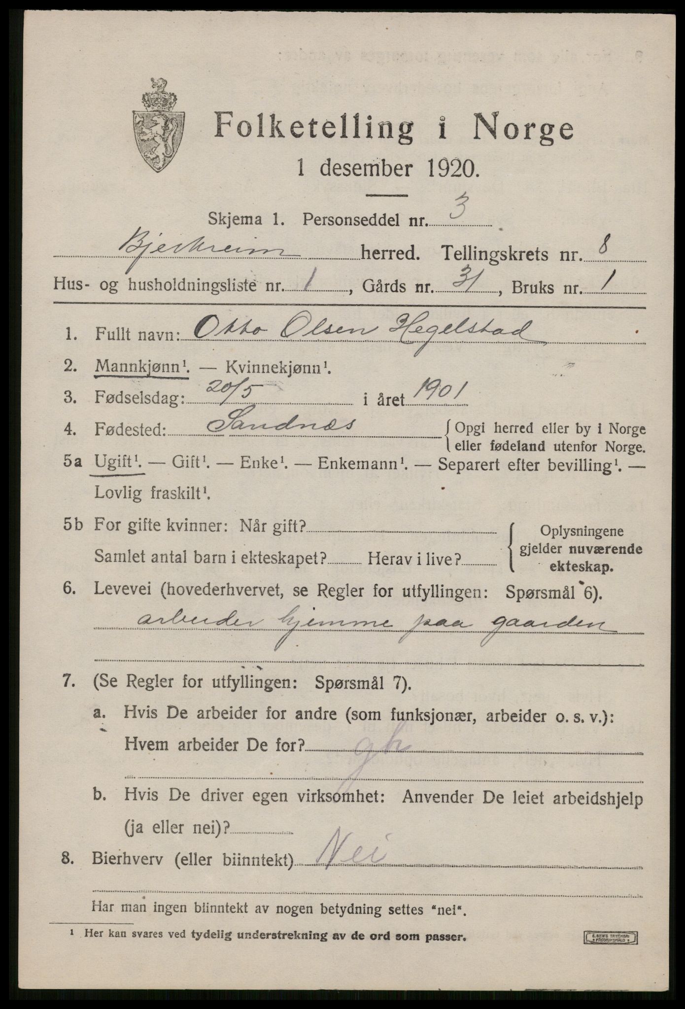 SAST, 1920 census for Bjerkreim, 1920, p. 2588