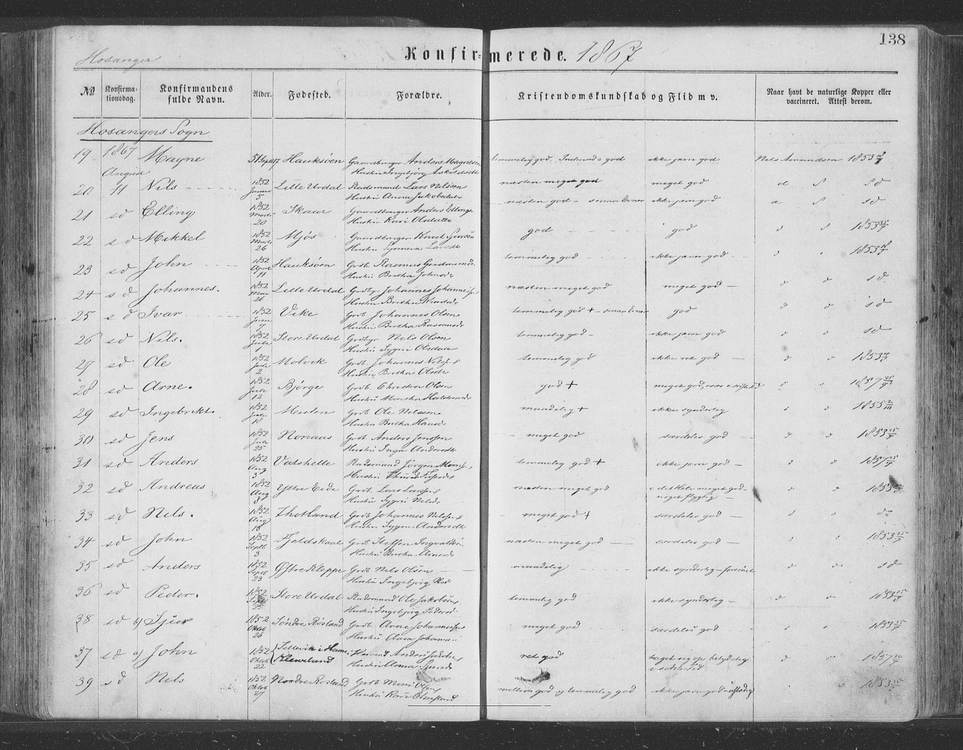 Hosanger sokneprestembete, AV/SAB-A-75801/H/Haa: Parish register (official) no. A 9, 1864-1876, p. 138