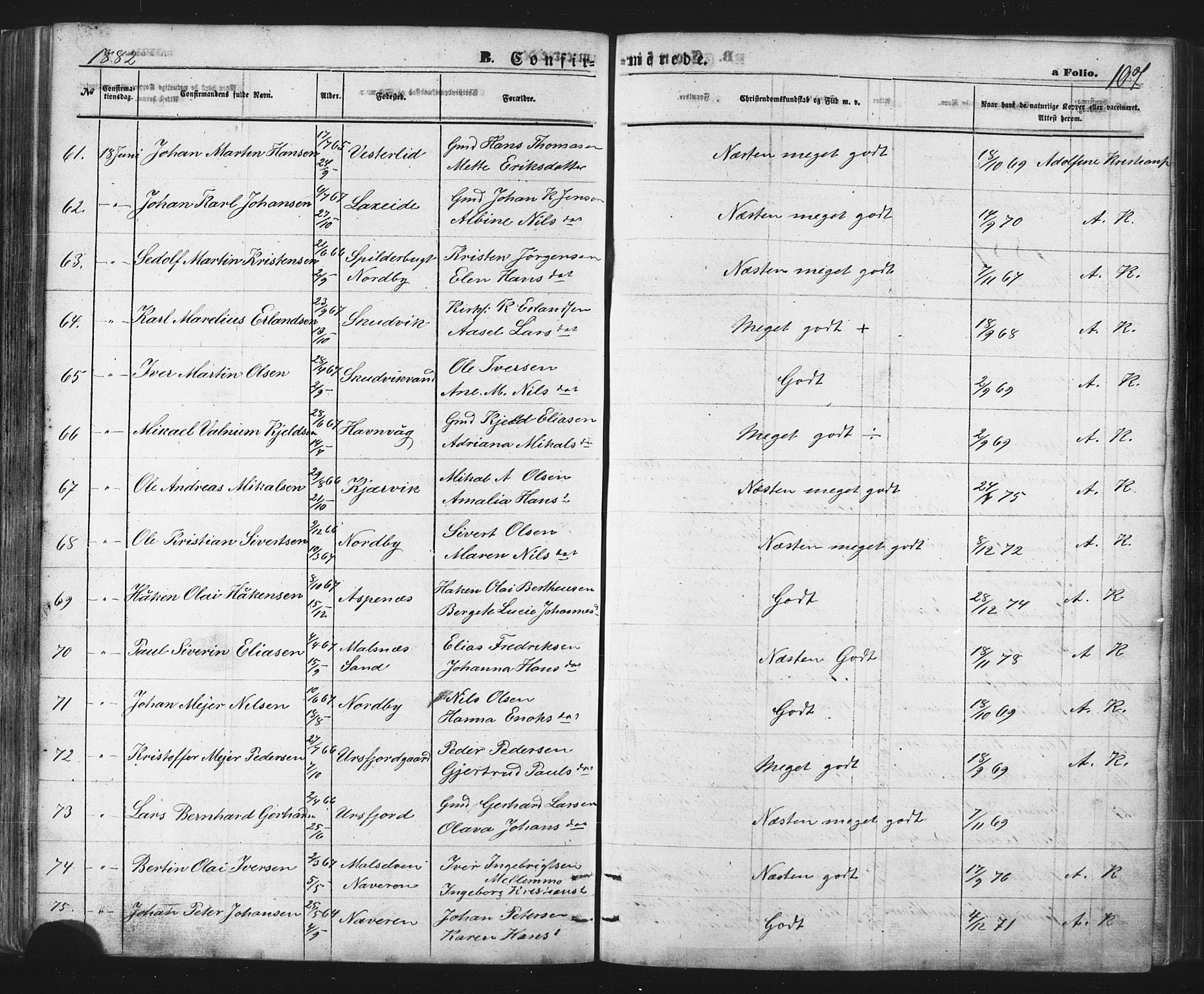 Balsfjord sokneprestembete, SATØ/S-1303/G/Ga/L0002klokker: Parish register (copy) no. 2, 1870-1886, p. 107